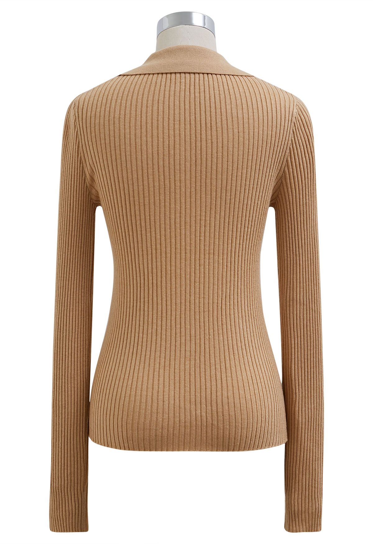 V-Neck Collared Fitted Knit Top in Light Tan