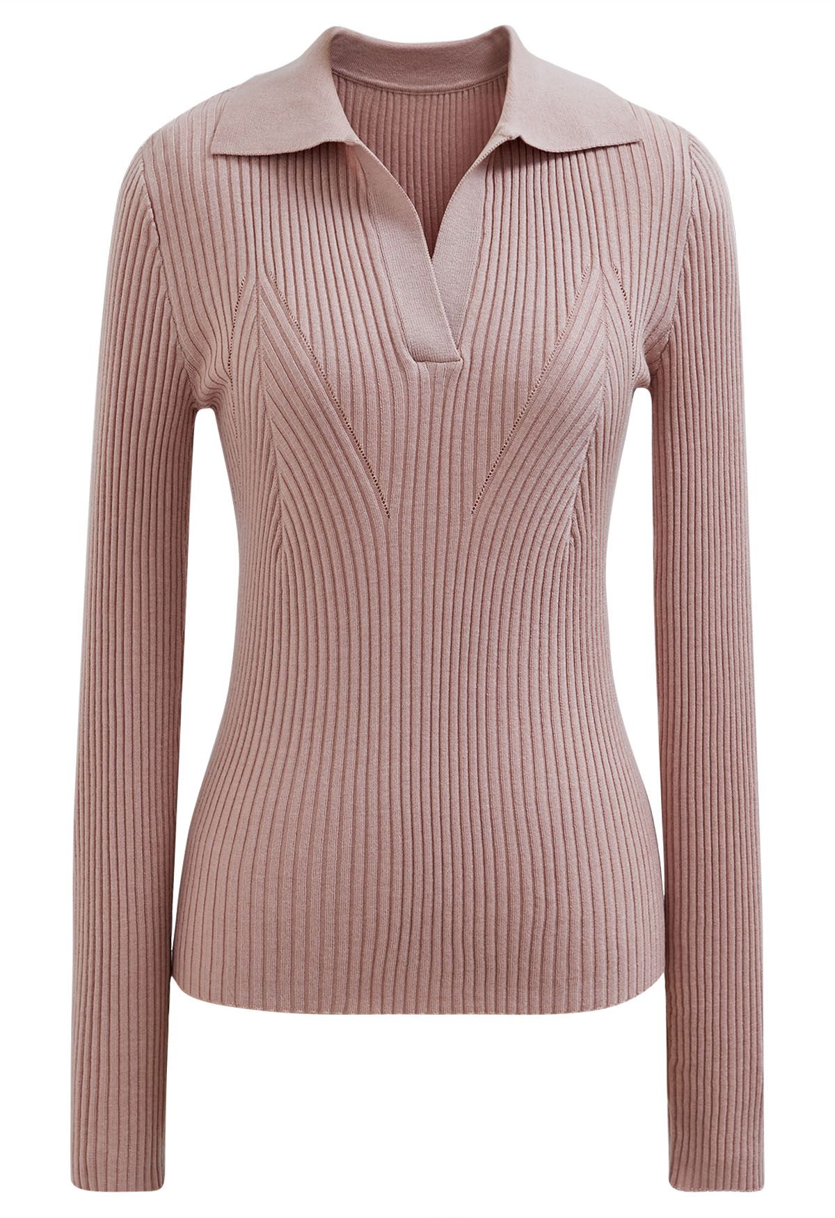 V-Neck Collared Fitted Knit Top in Pink