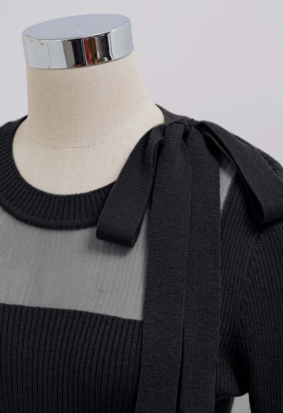 Mesh Inserted Side Bowknot Fitted Knit Top in Black