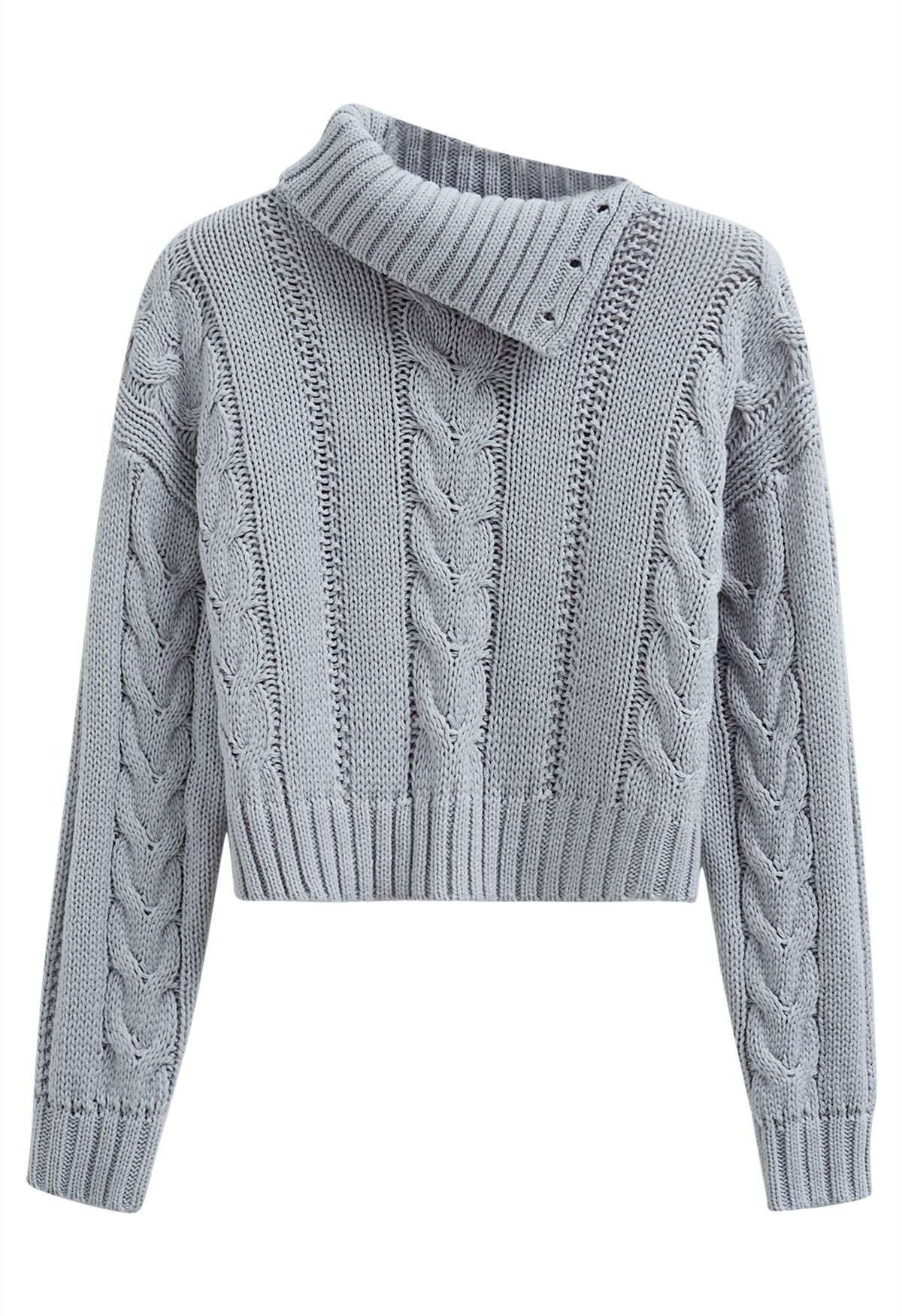 Side Button Cowl Neck Cable Knit Sweater in Baby Blue
