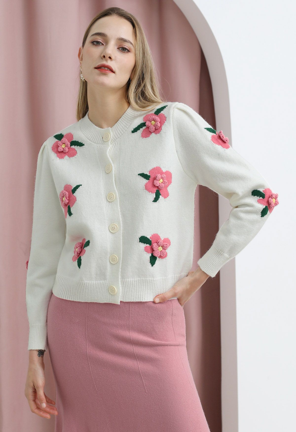 3D Stitch Flower Embroidered Button Down Cardigan in White
