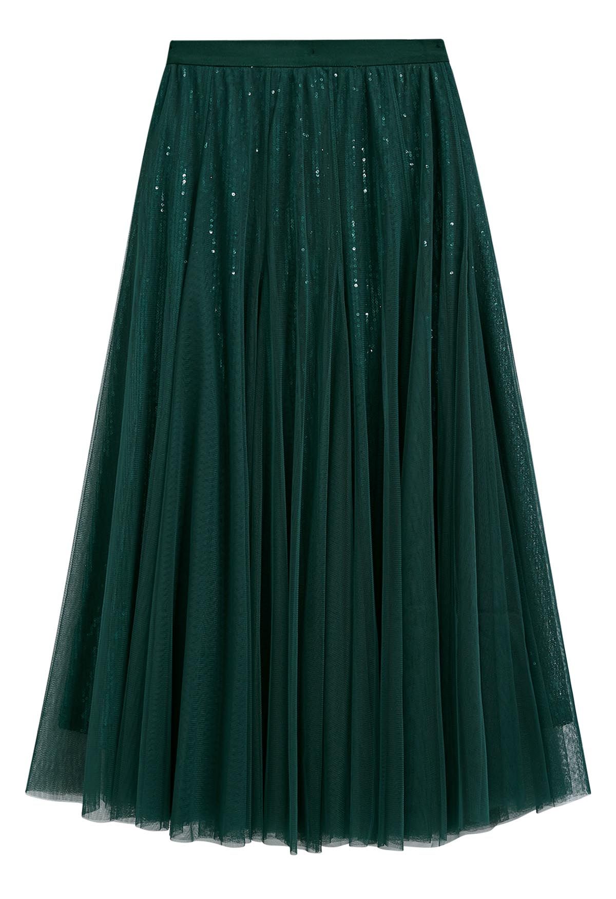 Ravishing Sequins Mesh Tulle Midi Skirt in Dark Green - Retro, Indie ...