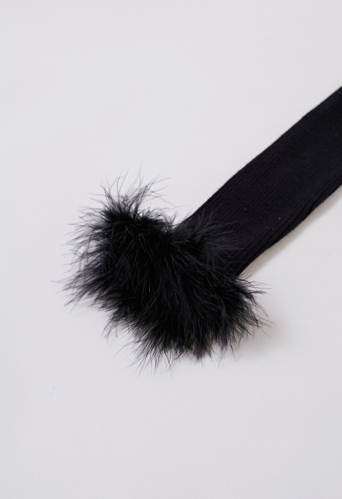 Wavy Neckline Feather Trim Cuffs Knit Top in Black