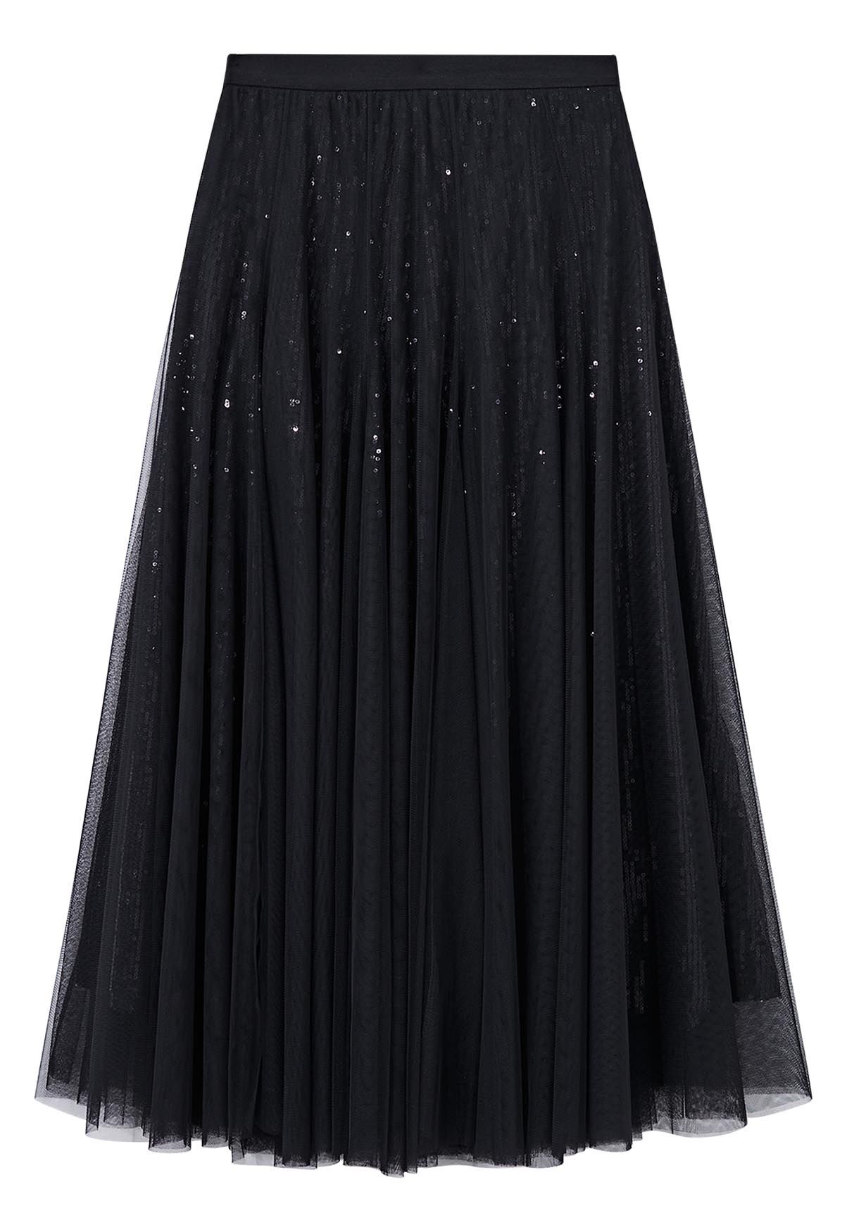 Ravishing Sequins Mesh Tulle Midi Skirt in Black - Retro, Indie and ...