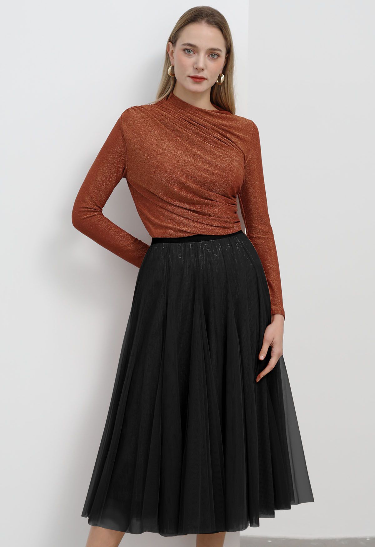 Ravishing Sequins Mesh Tulle Midi Skirt in Black - Retro, Indie and ...