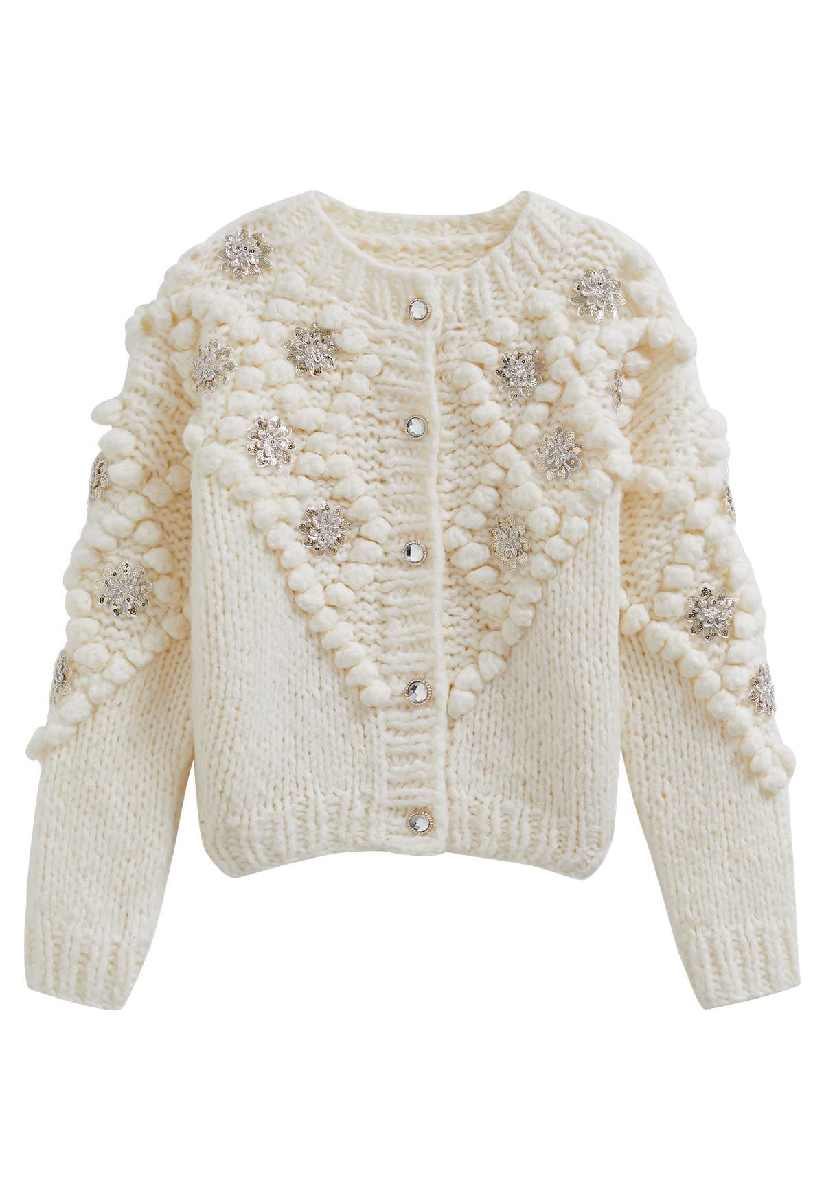 Sequined Flower Pom-Pom Knit Cardigan - Retro, Indie and Unique Fashion