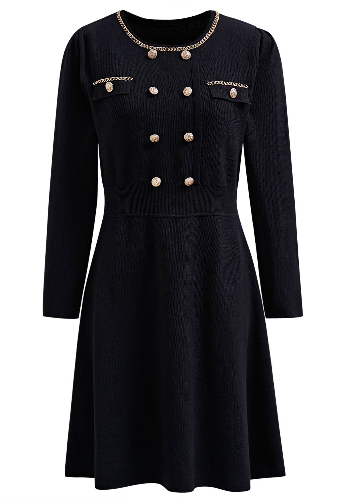Golden Button Embellished A-Line Knit Dress in Black - Retro, Indie and ...