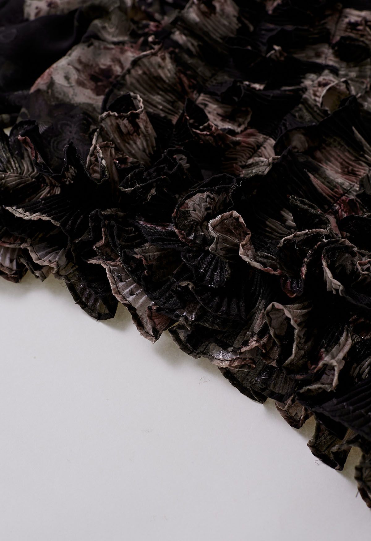 Fluttering Ruffle Floral Jacquard Chiffon Crop Top in Black