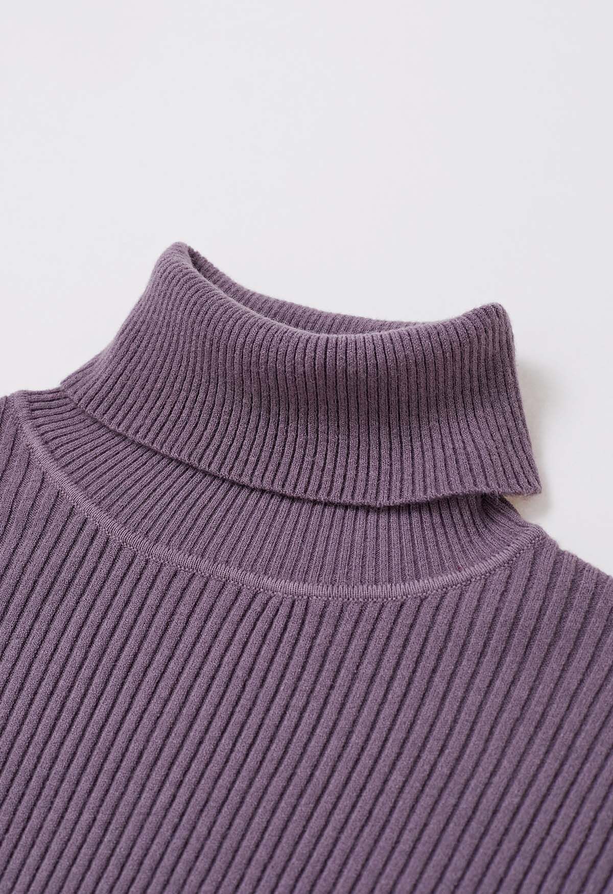 Turtleneck Ribbed Fitted Knit Top in Purple