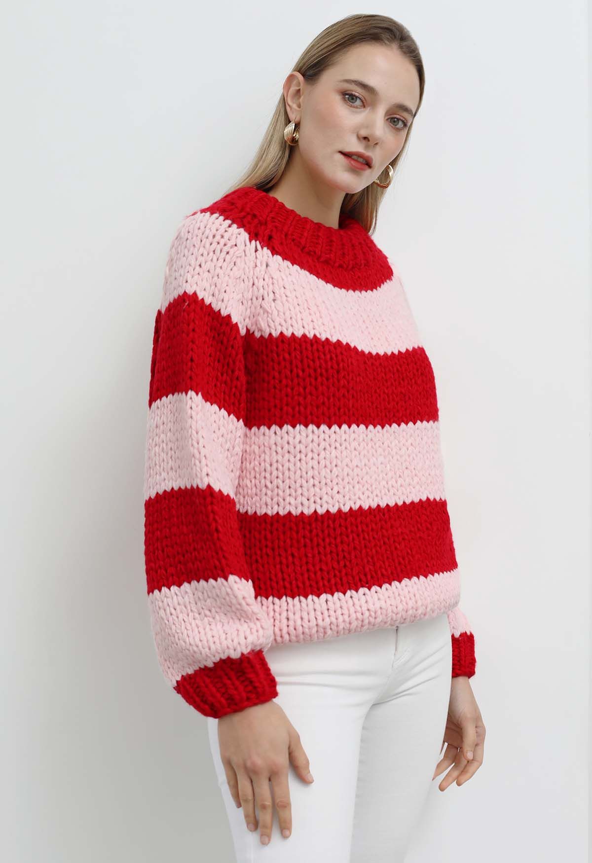 Festive Striped Chunky Hand Knit Sweater - Retro, Indie and Unique Fashion