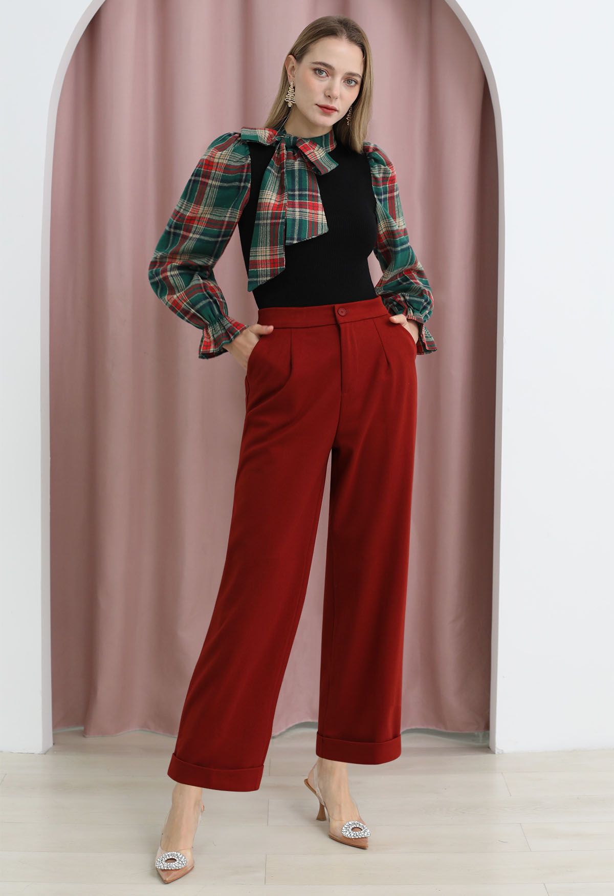 Comfy Chunky Straight-Leg Cuffed Pants in Rust Red - Retro, Indie