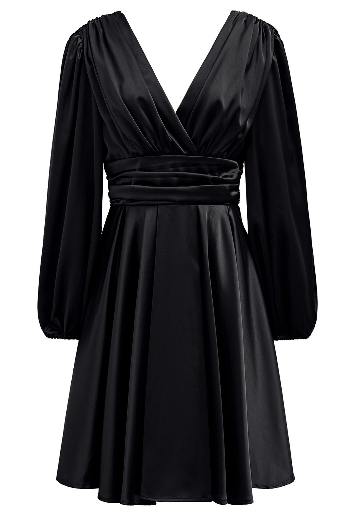 Plunging V-Neck Ruched Waist Satin Dress in Black - Retro, Indie and ...