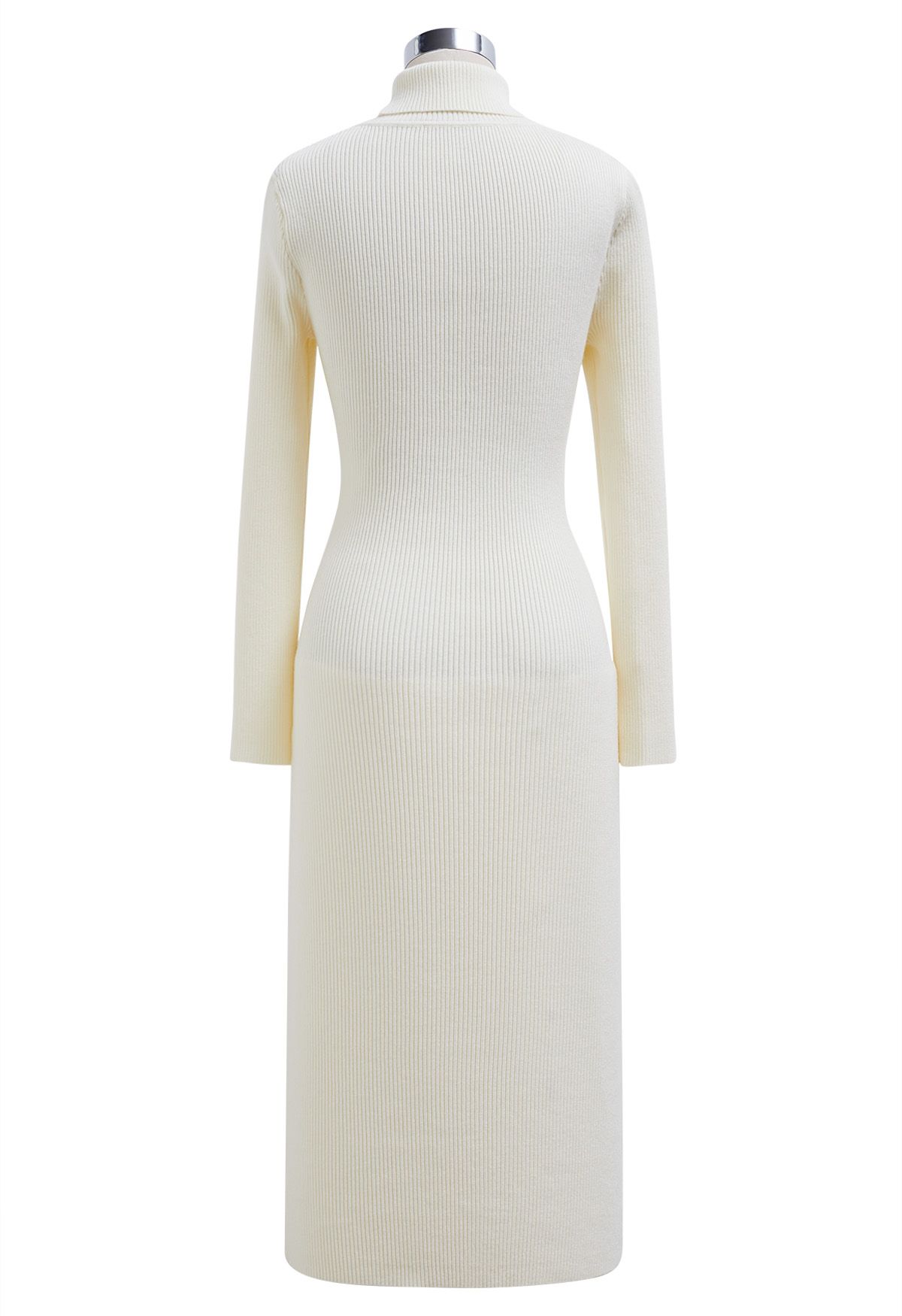 Turtleneck Mesh Inserted O-Ring Waist Knit Dress in Ivory