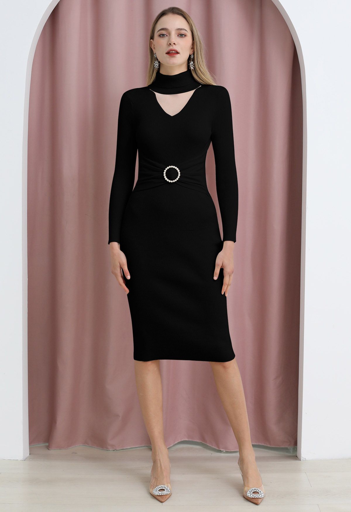 Turtleneck Mesh Inserted O-Ring Waist Knit Dress in Black