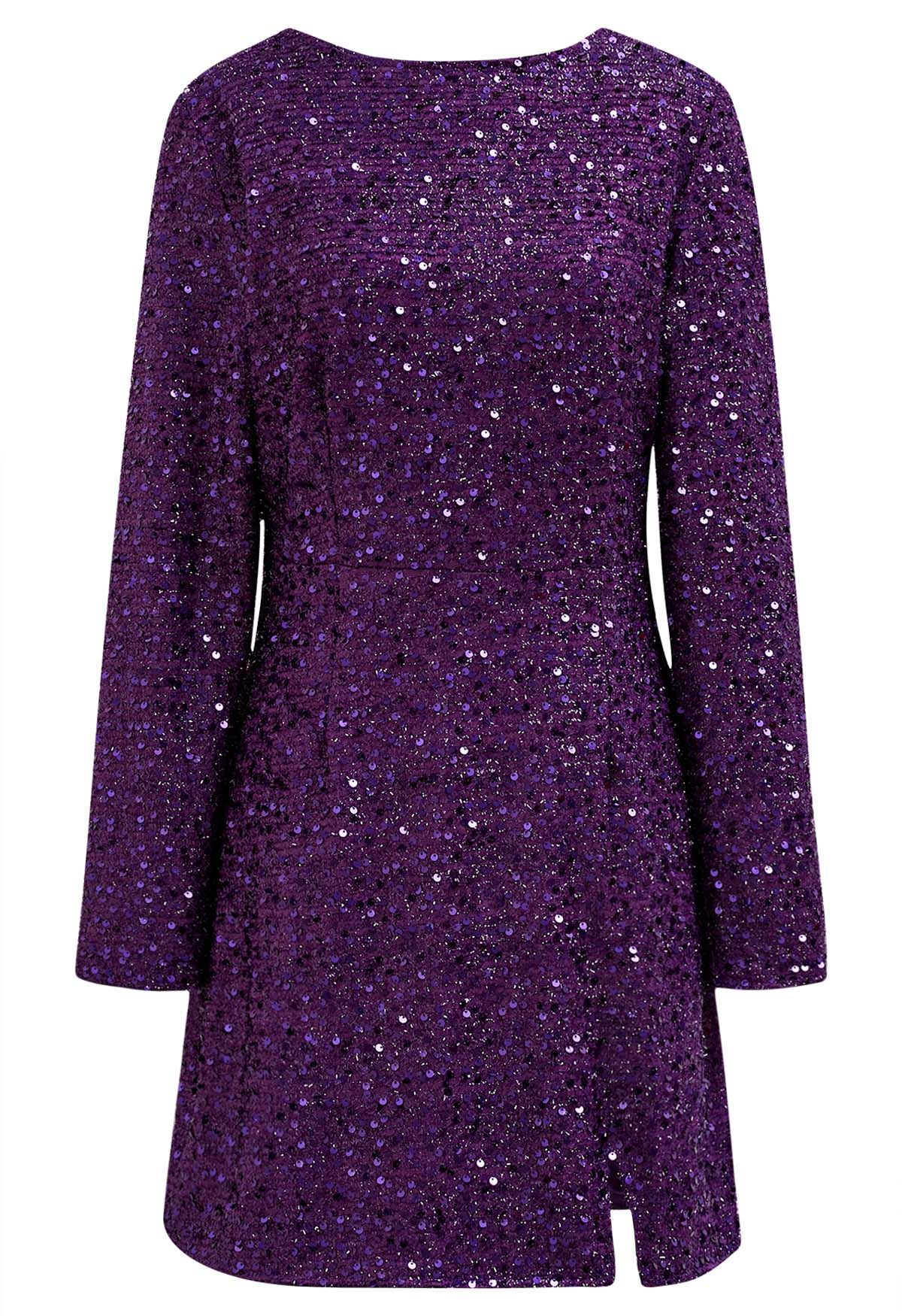 Sequin Cover Open Back Mini Dress in Purple