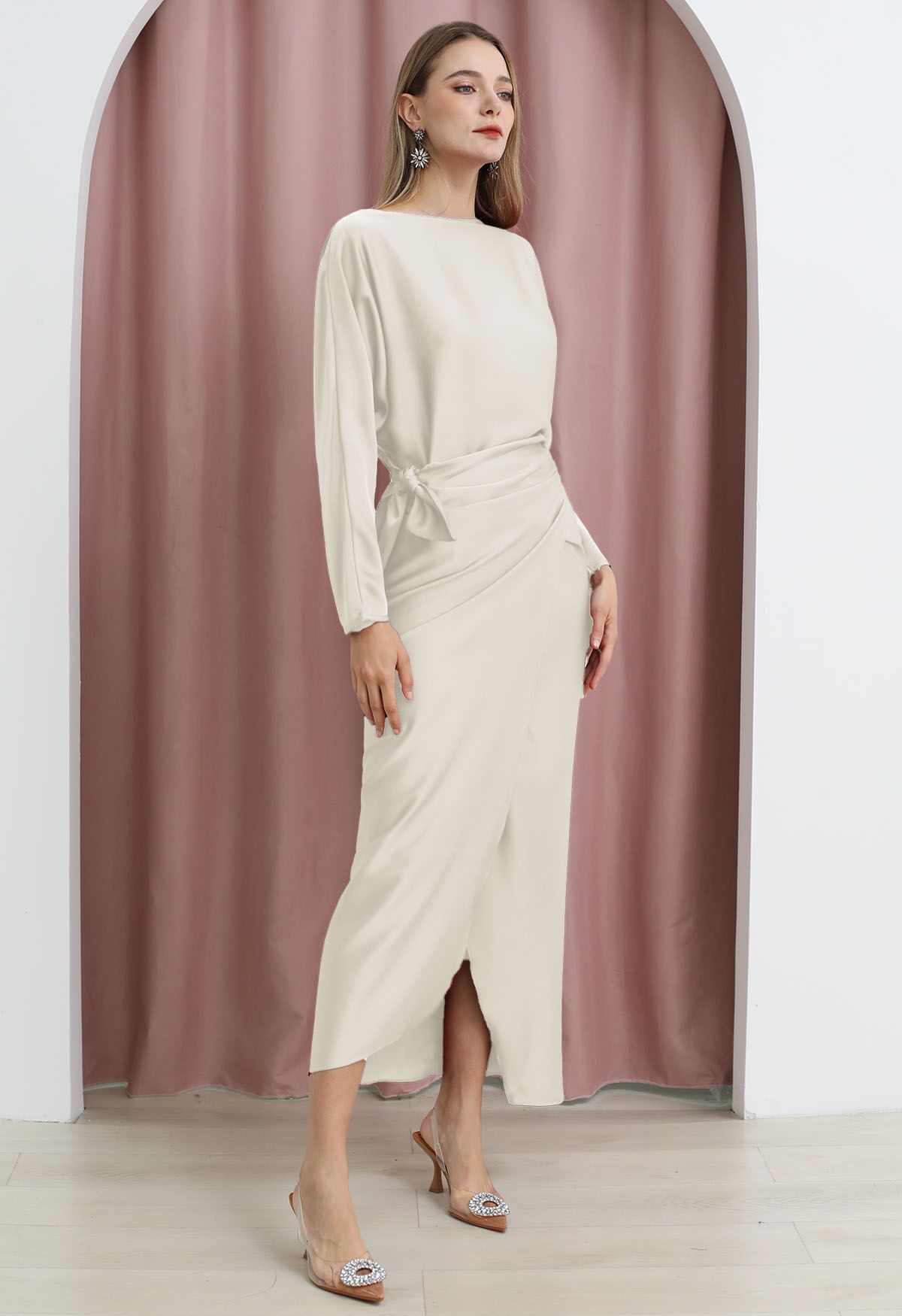 Satin Boat Neck Wrapped Waist Maxi Dress in Ivory