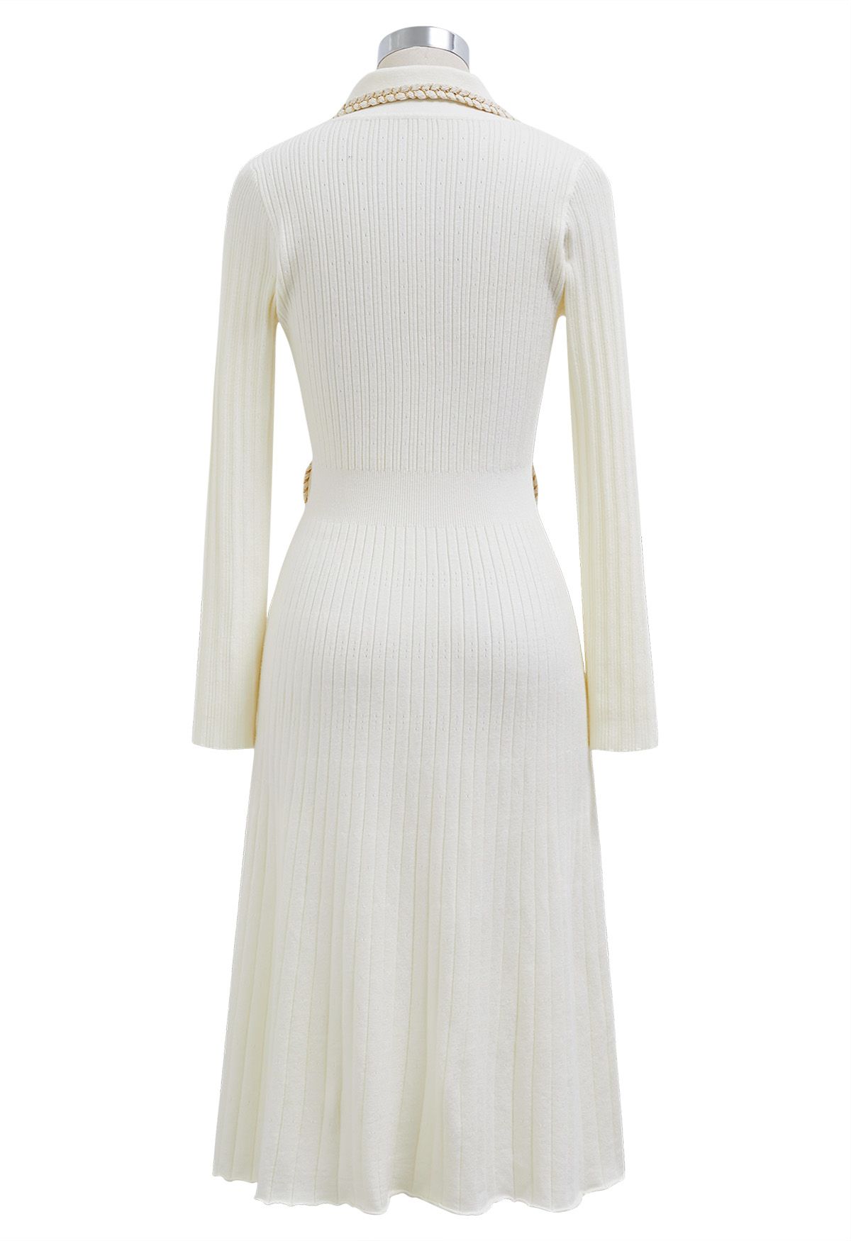 Collared Braided Edge Knit Midi Dress in White
