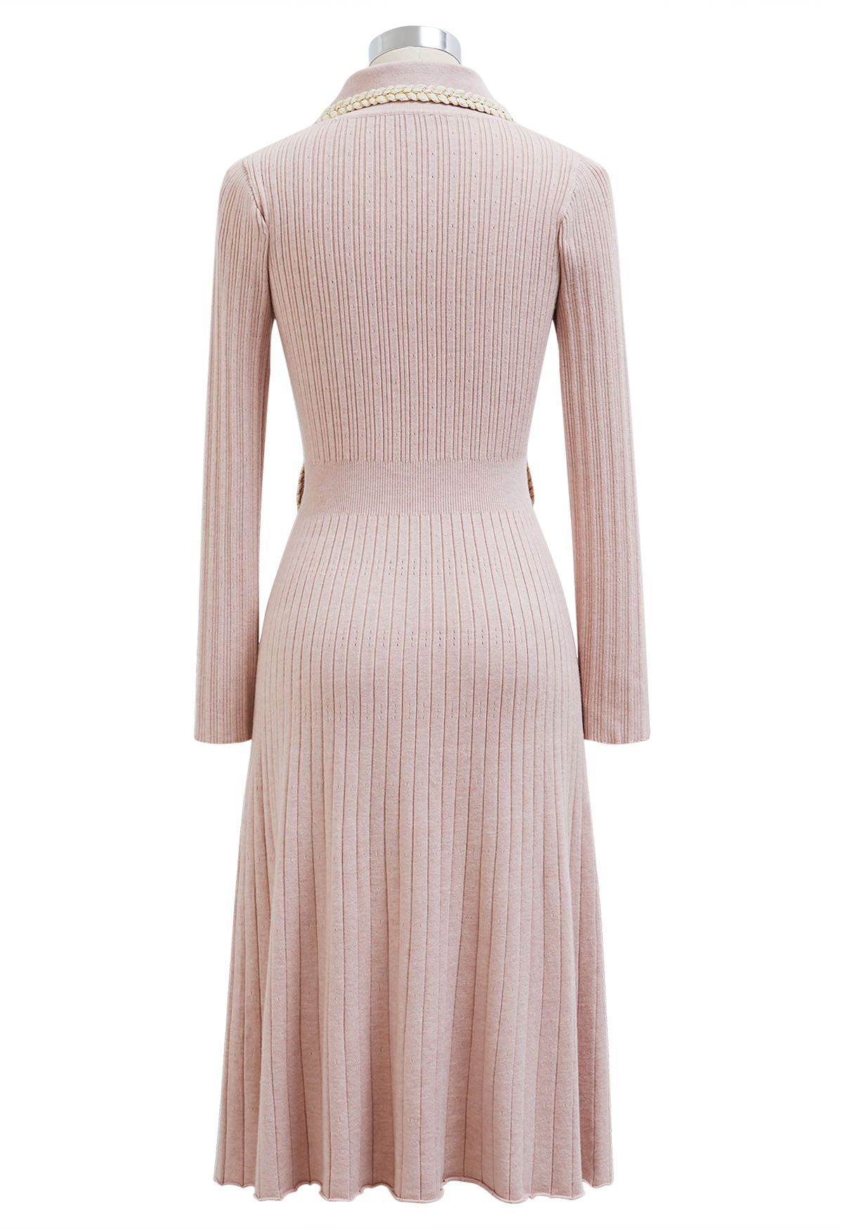 Collared Braided Edge Knit Midi Dress in Pink