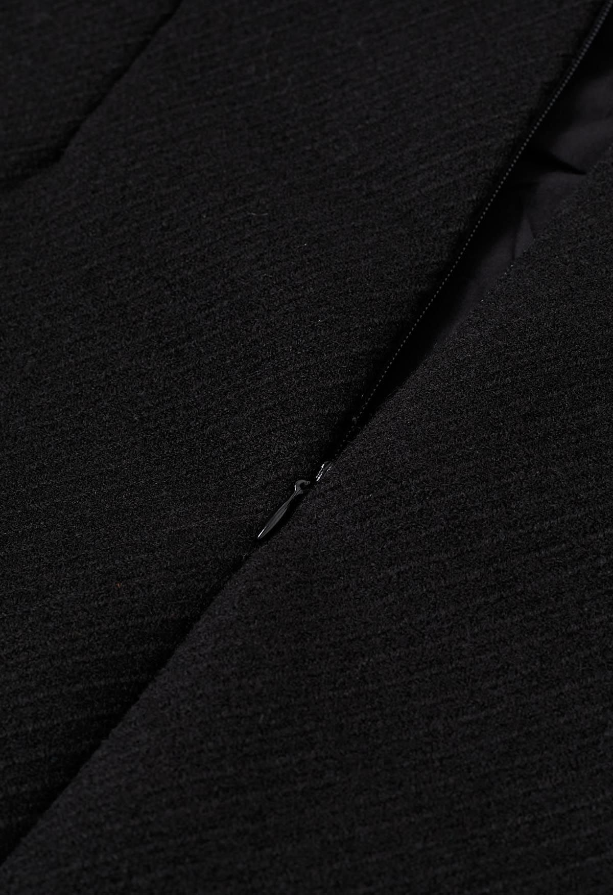 Notched Hem Wool-Blend Flap Mini Skirt in Black
