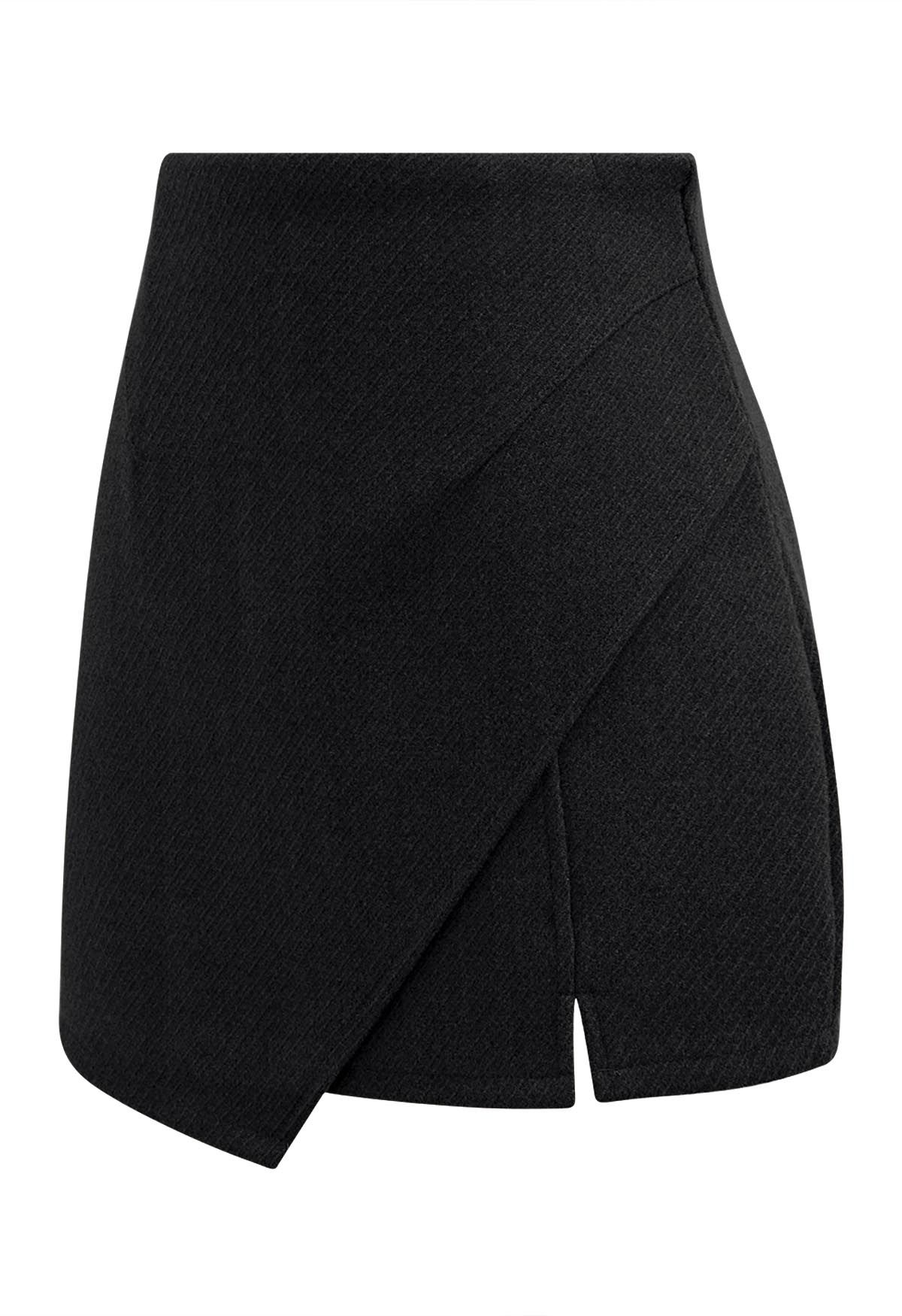 Notched Hem Wool-Blend Flap Mini Skirt in Black - Retro, Indie and ...
