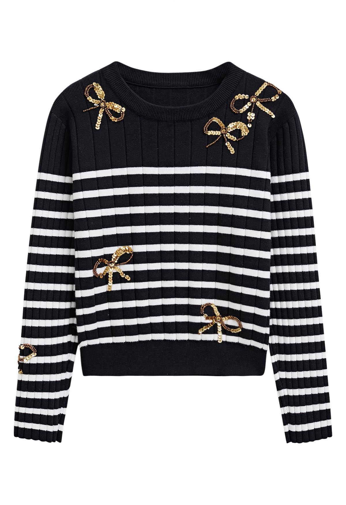 Sequin Beaded Bowknot Striped Knit Sweater in Black