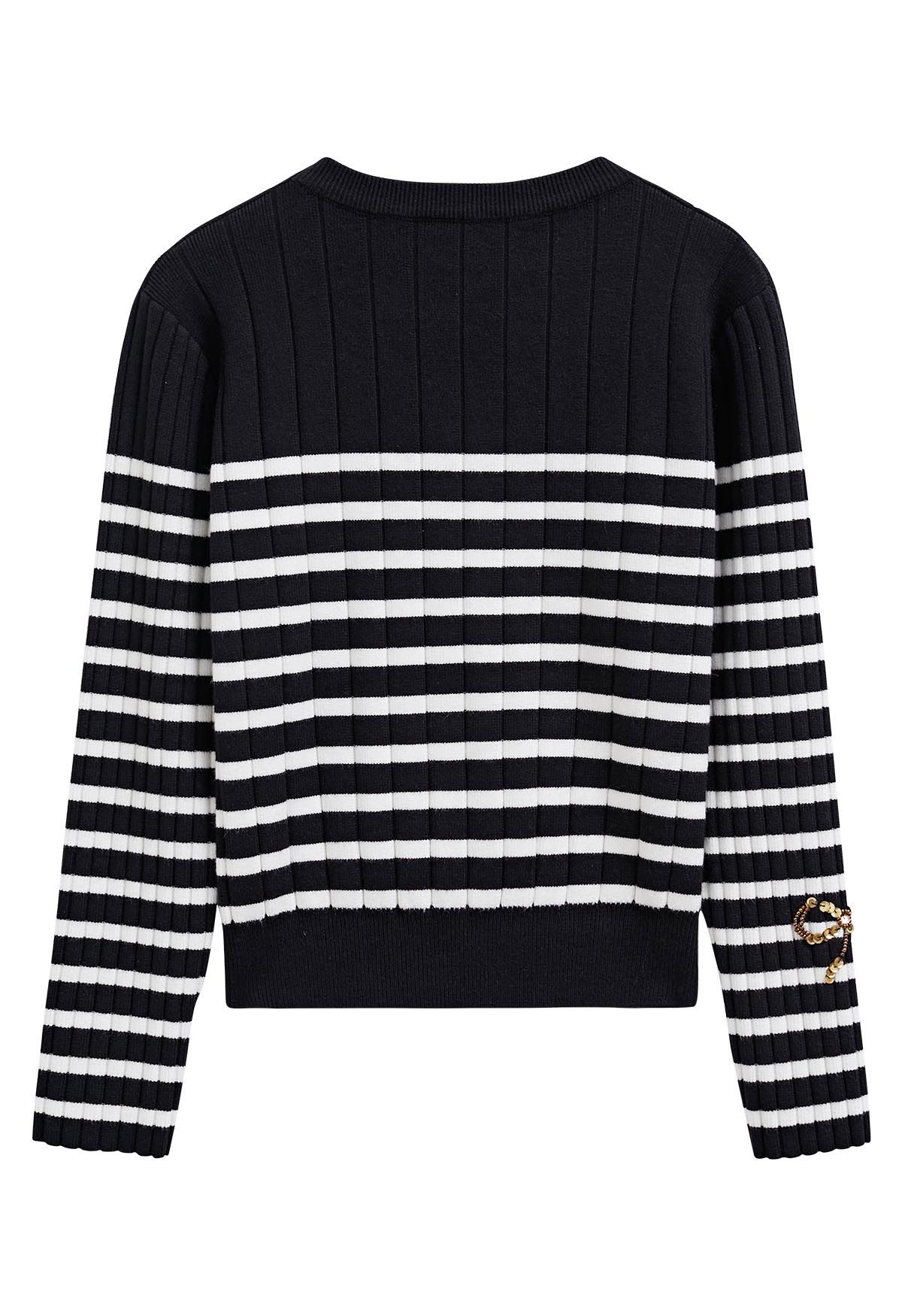 Sequin Beaded Bowknot Striped Knit Sweater in Black