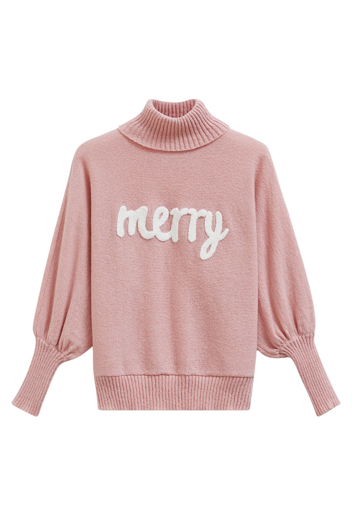 Merry Turtleneck Batwing Sleeve Knit Sweater in Pink