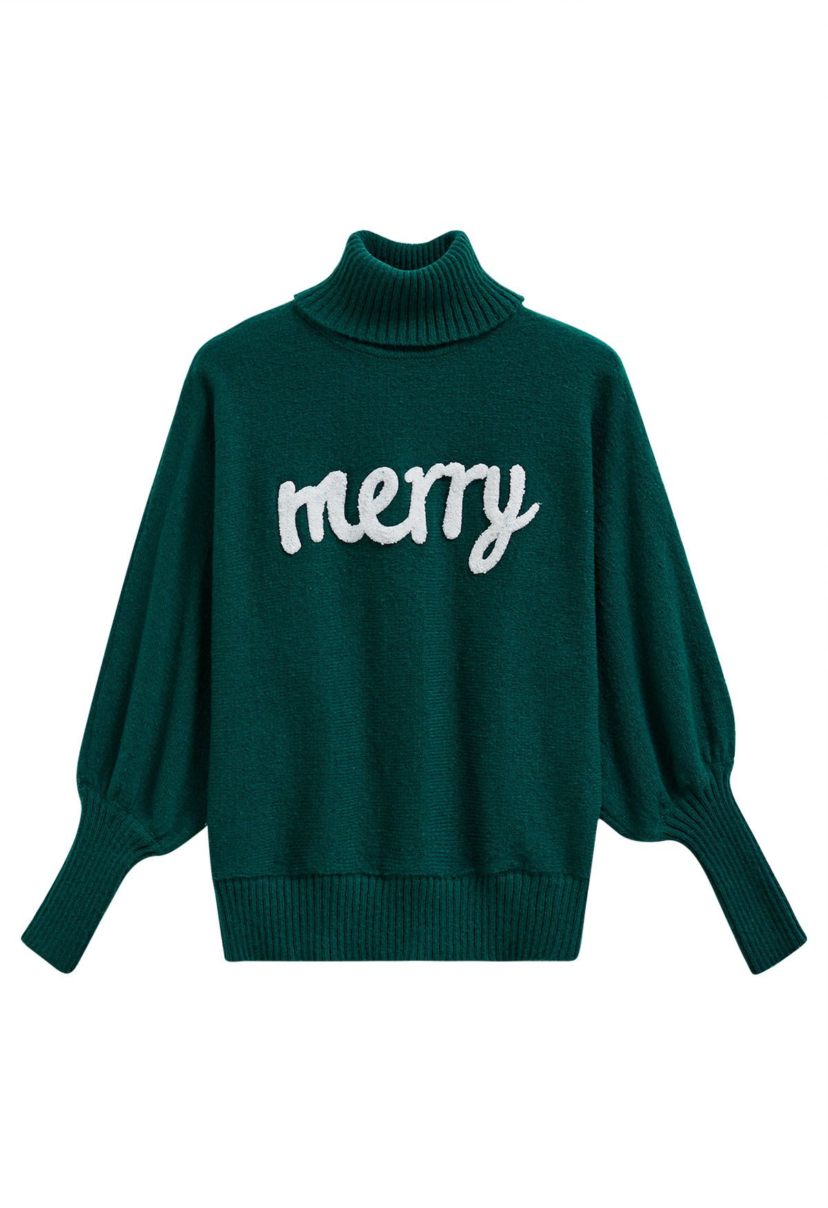 Merry Turtleneck Batwing Sleeve Knit Sweater in Dark Green