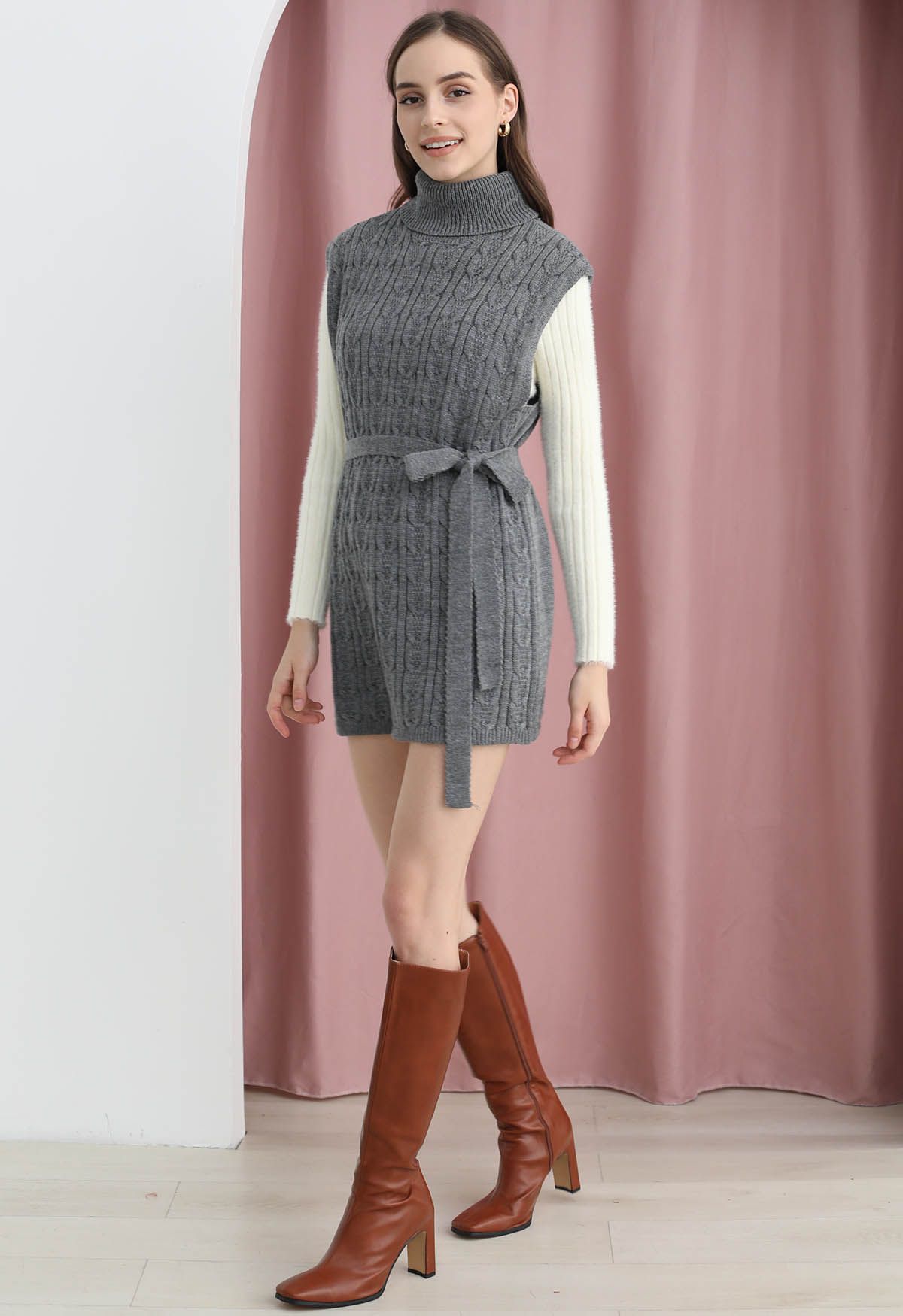 Turtleneck Cable Knit Sleeveless Sweater Dress in Grey