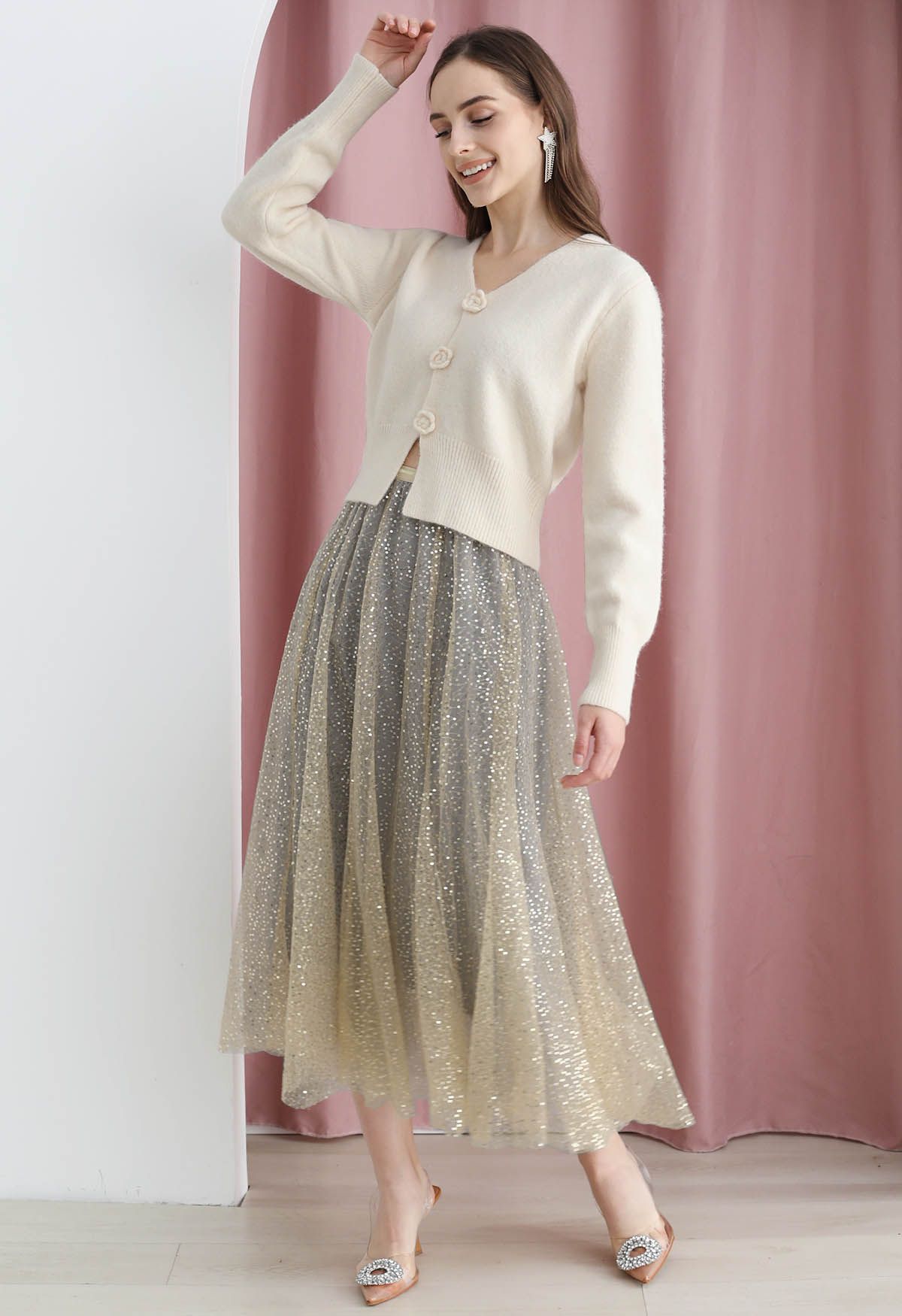 Shimmer Sequins Embroidered Mesh Tulle Pleated Skirt 