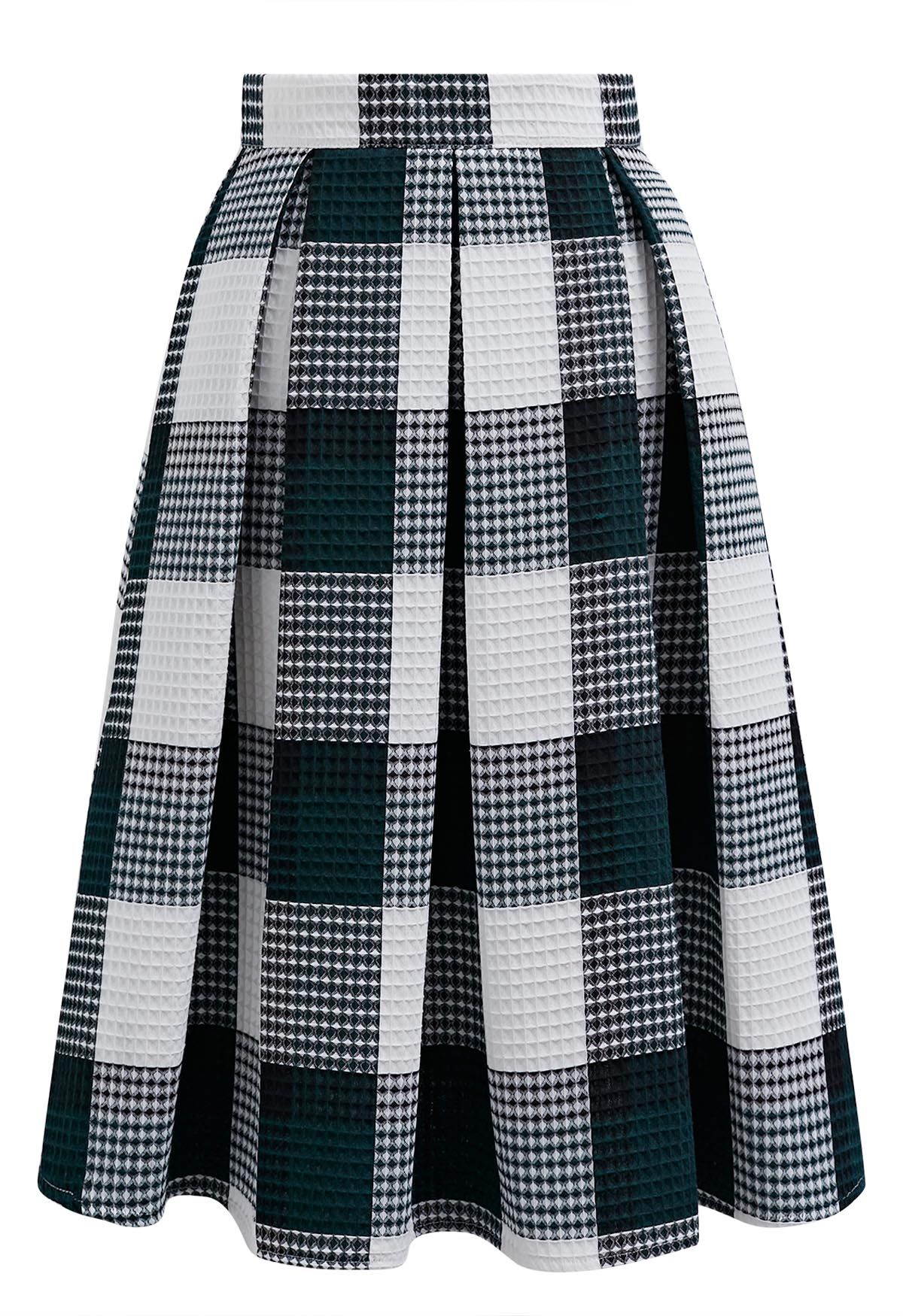 Dark Green Check Waffle Texture Pleated Midi Skirt - Retro, Indie and ...