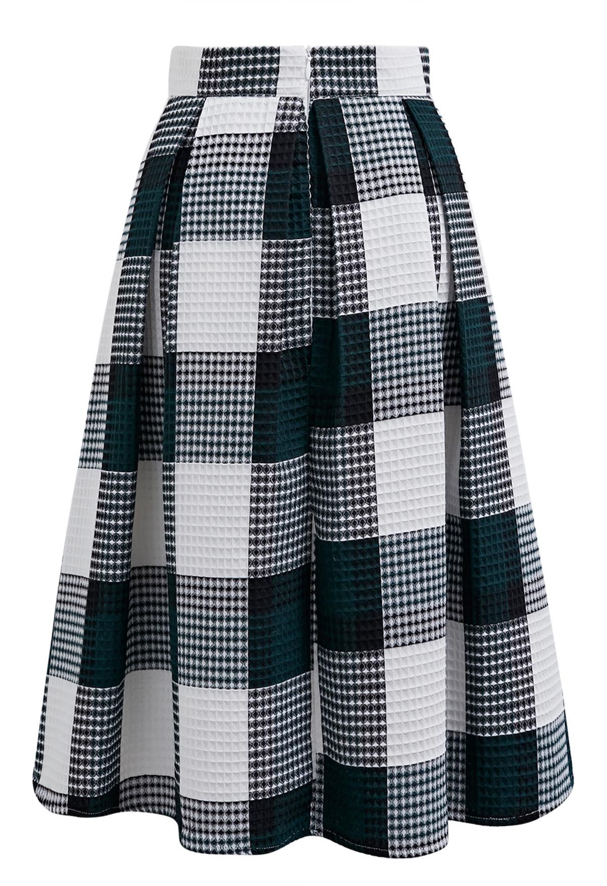 Dark Green Check Waffle Texture Pleated Midi Skirt - Retro, Indie and ...