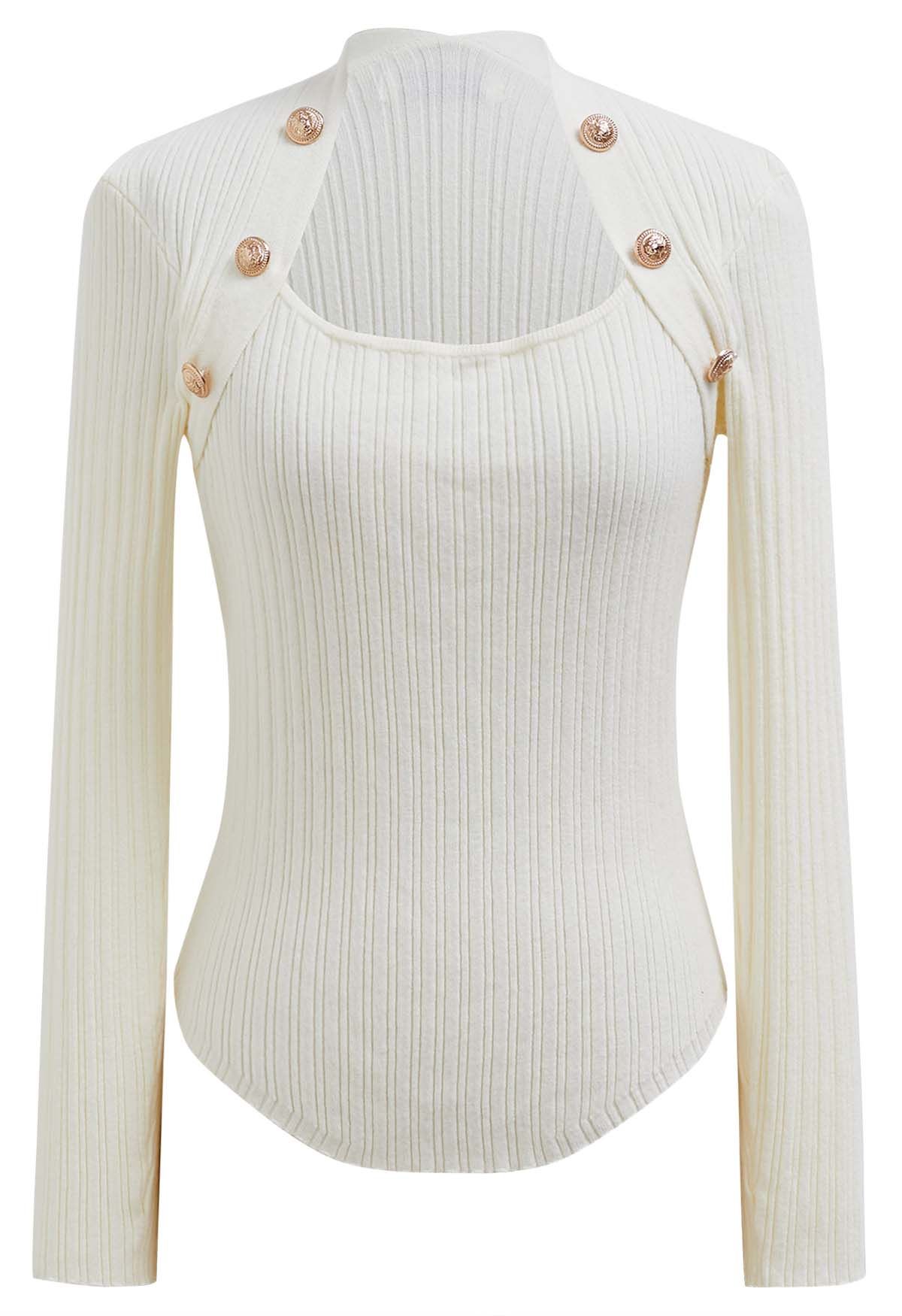 Button Embellished Square Neck Knit Top in Cream
