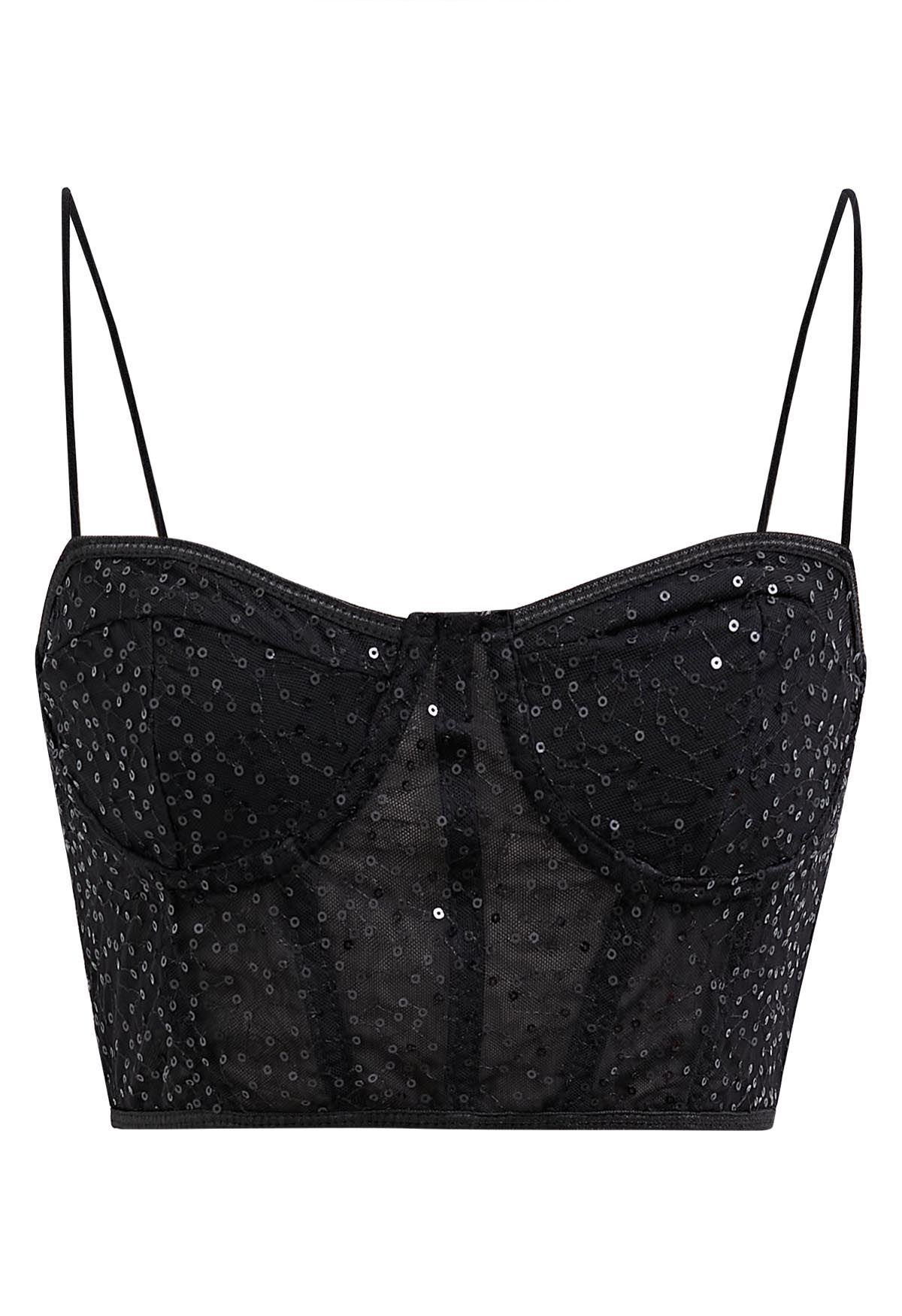 Sequin Embroidered Corset Bustier Top in Black - Retro, Indie and