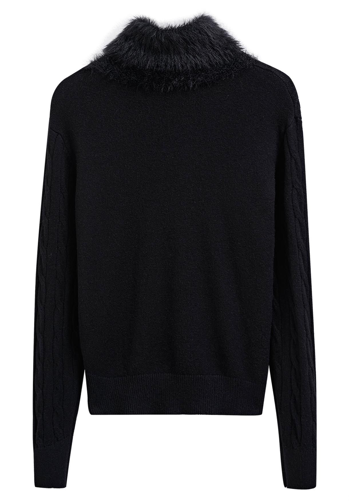 Soft Fuzzy Turtleneck Cable Knit Sweater in Black