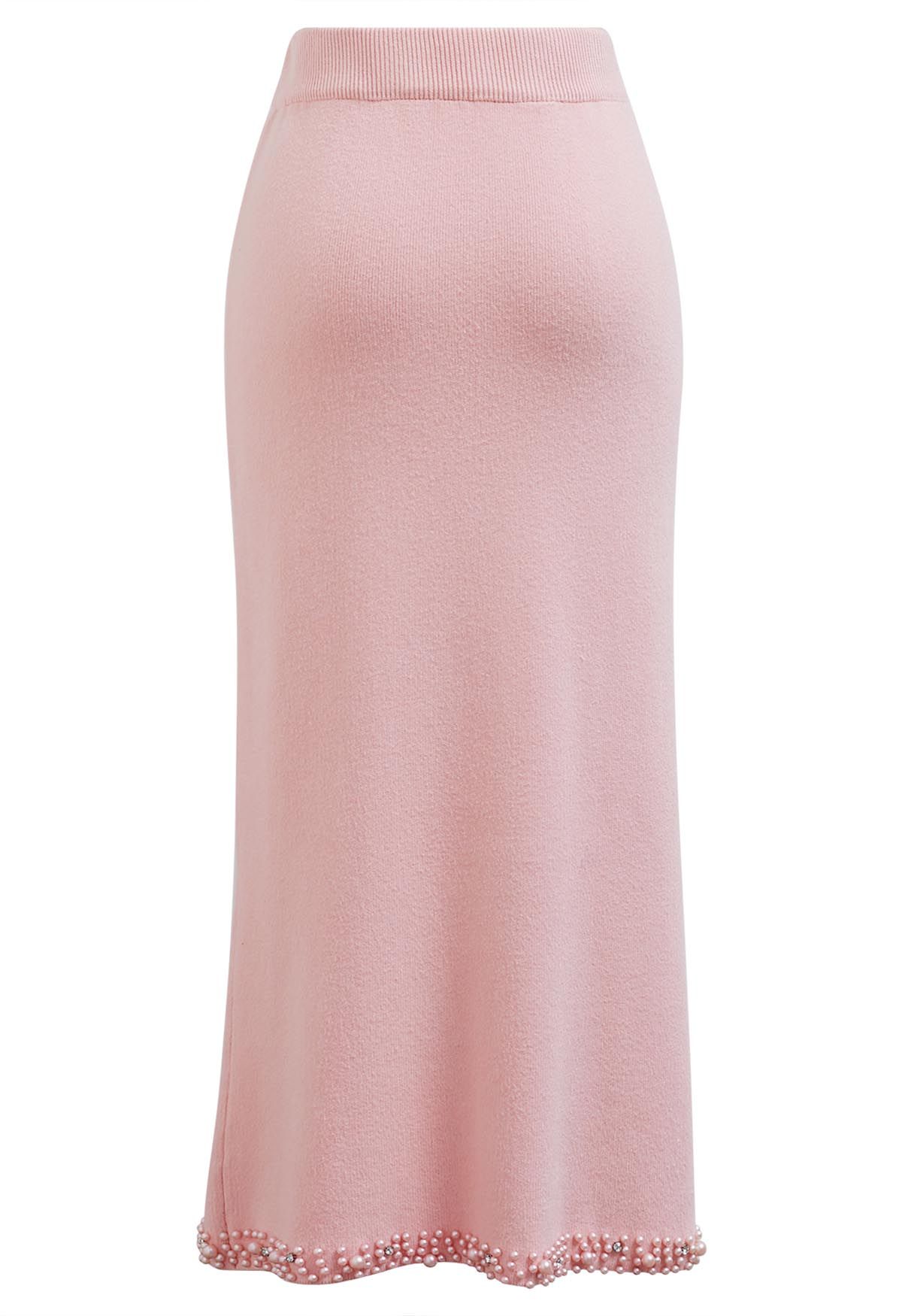 Pearl Embellished Slit Hem Knit Pencil Skirt in Light Pink - Retro ...