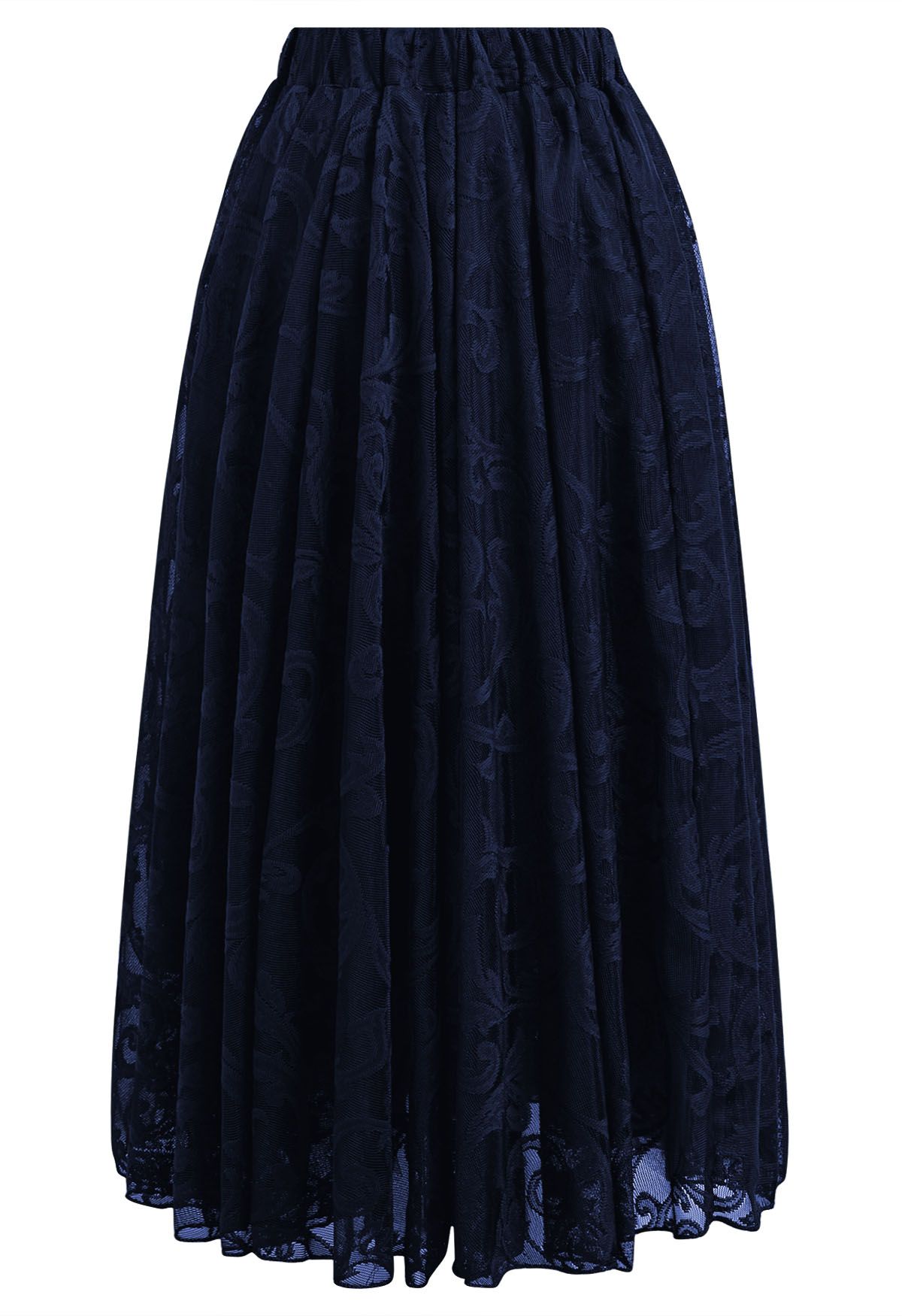 Sophisticated Floral Mesh Tulle Midi Skirt in Navy - Retro, Indie and ...