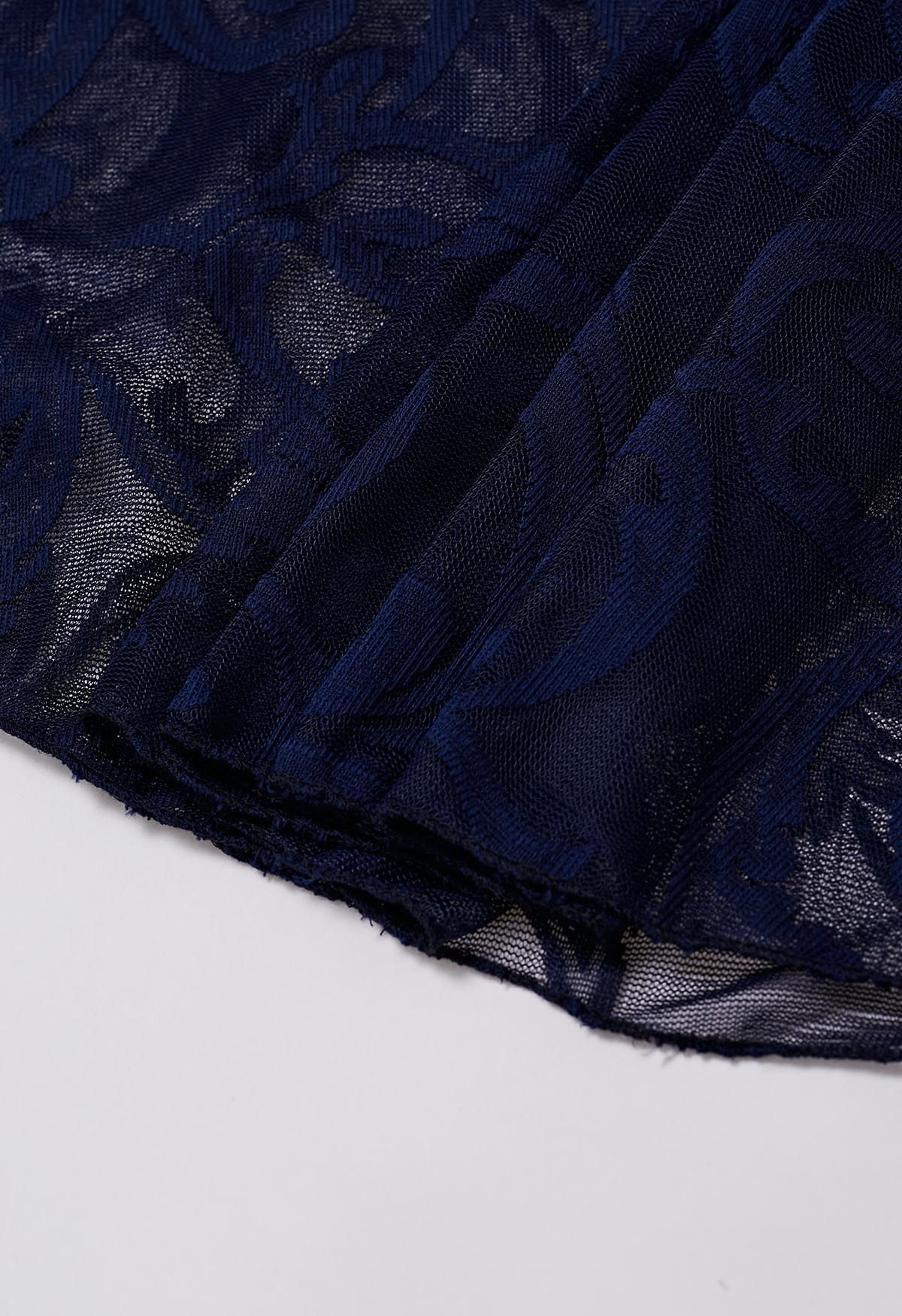 Sophisticated Floral Mesh Tulle Midi Skirt in Navy