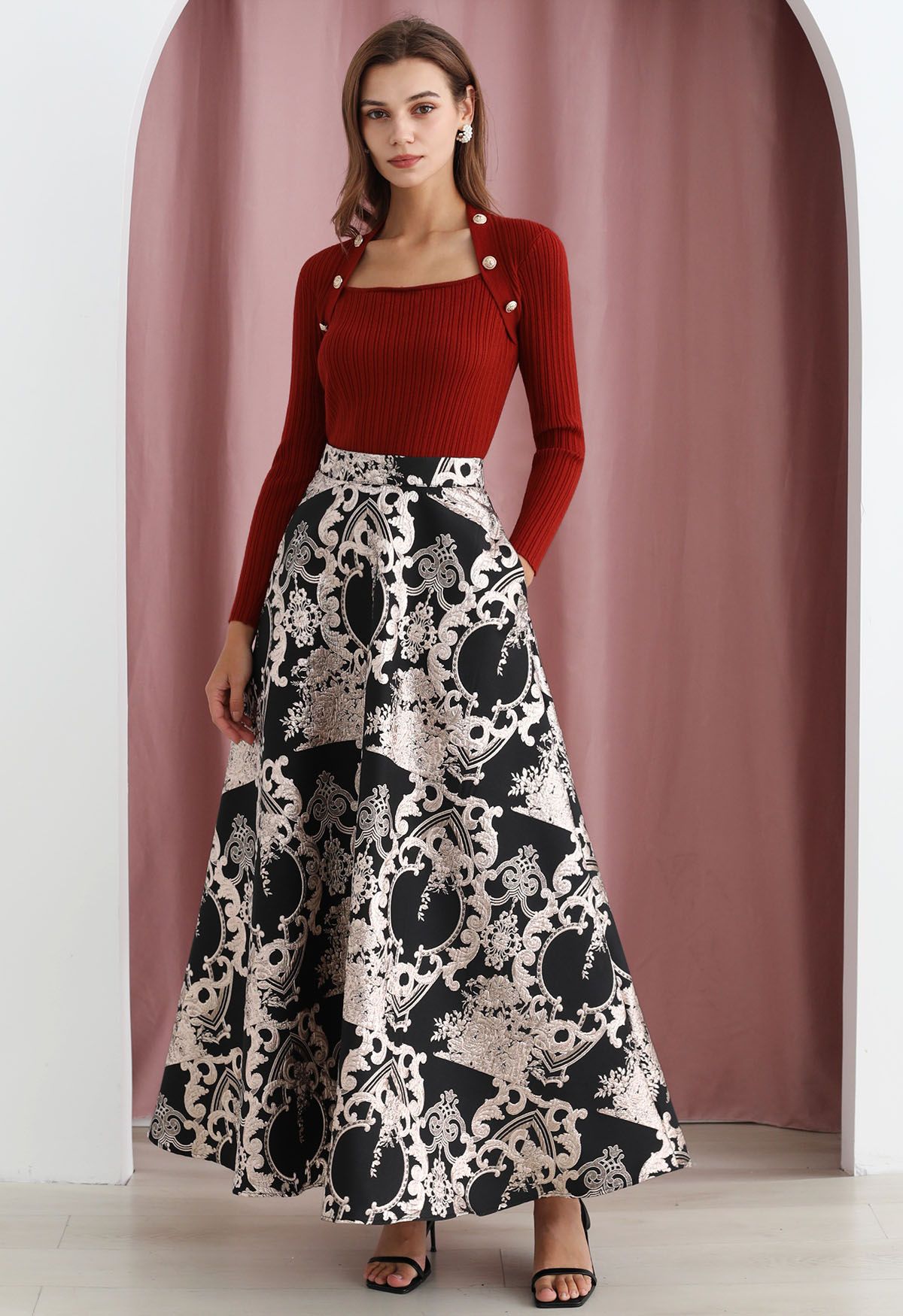 Glamorous Metallic Thread Baroque Jacquard Maxi Skirt in Black - Retro ...