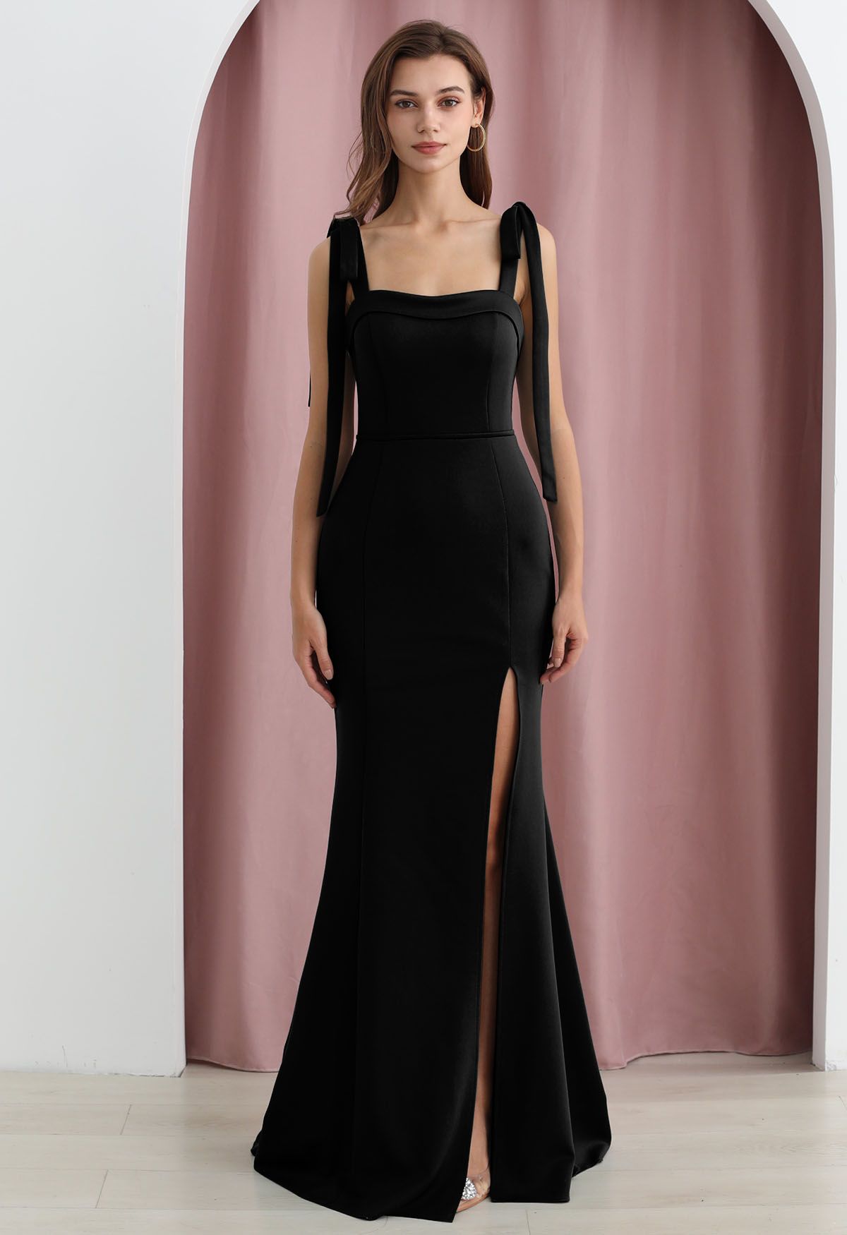Tie-Shoulder High Slit Maxi Gown in Black - Retro, Indie and Unique Fashion