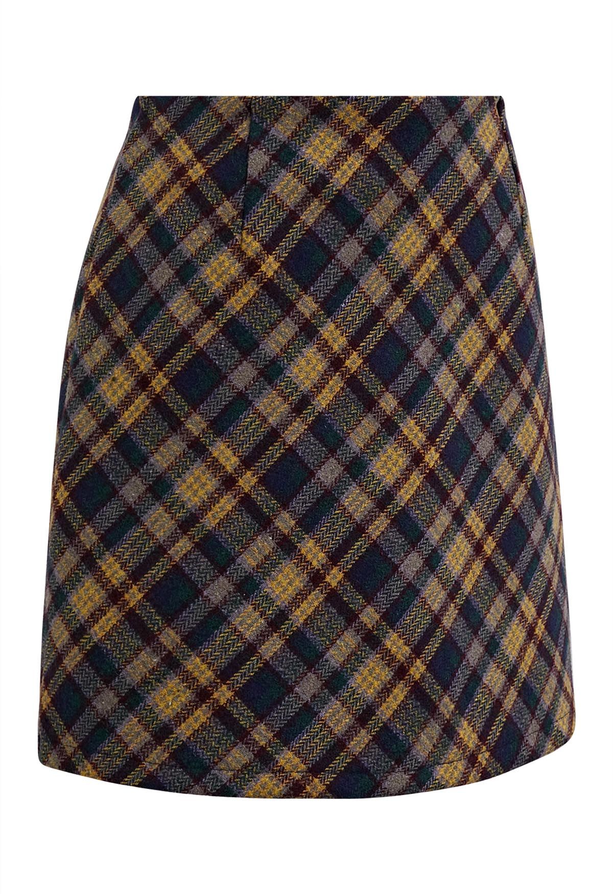 Retro Plaid Wool-Blend Mini Bud Skirt in Yellow