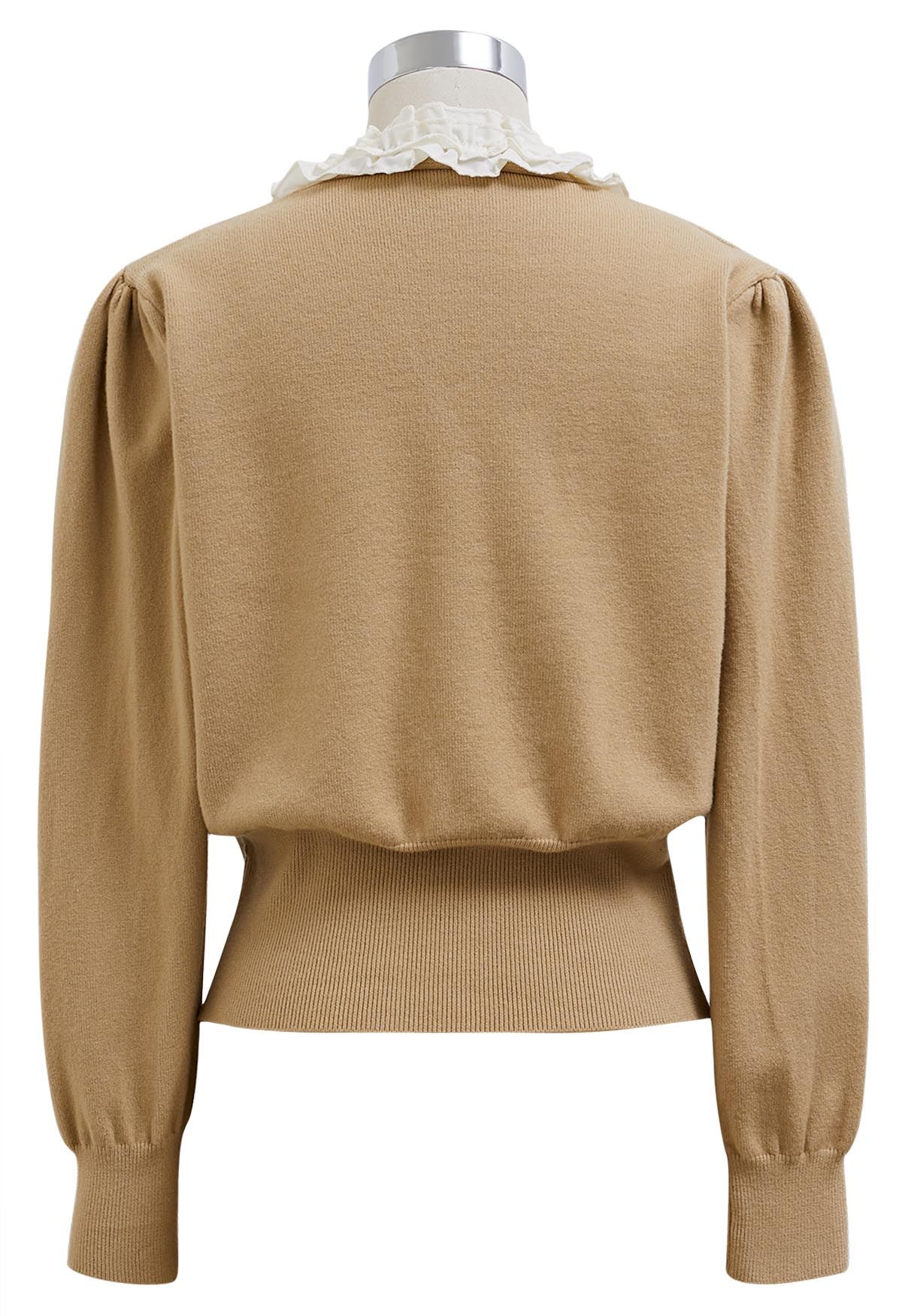 Ruffle Tie-Bow Wool-Blend Buttoned Top in Camel