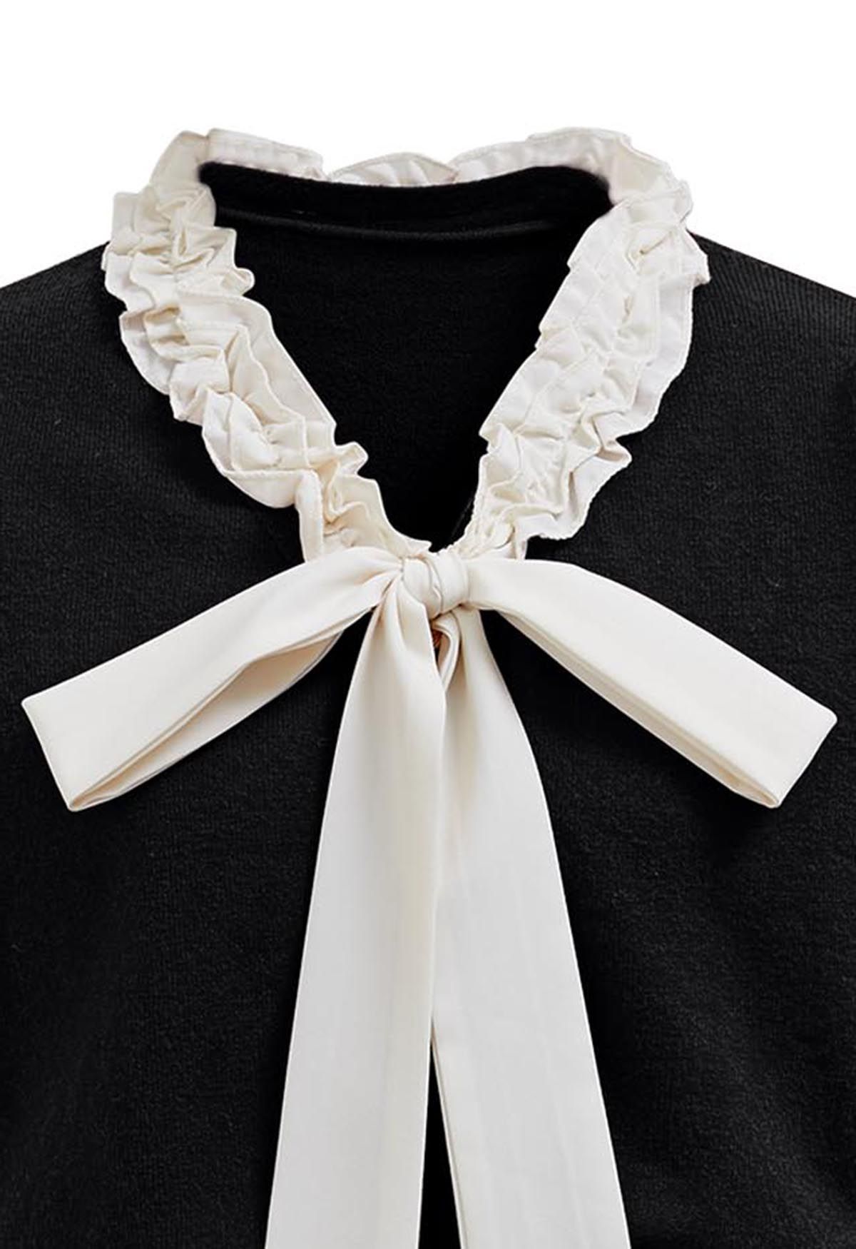 Ruffle Tie-Bow Wool-Blend Buttoned Top in Black