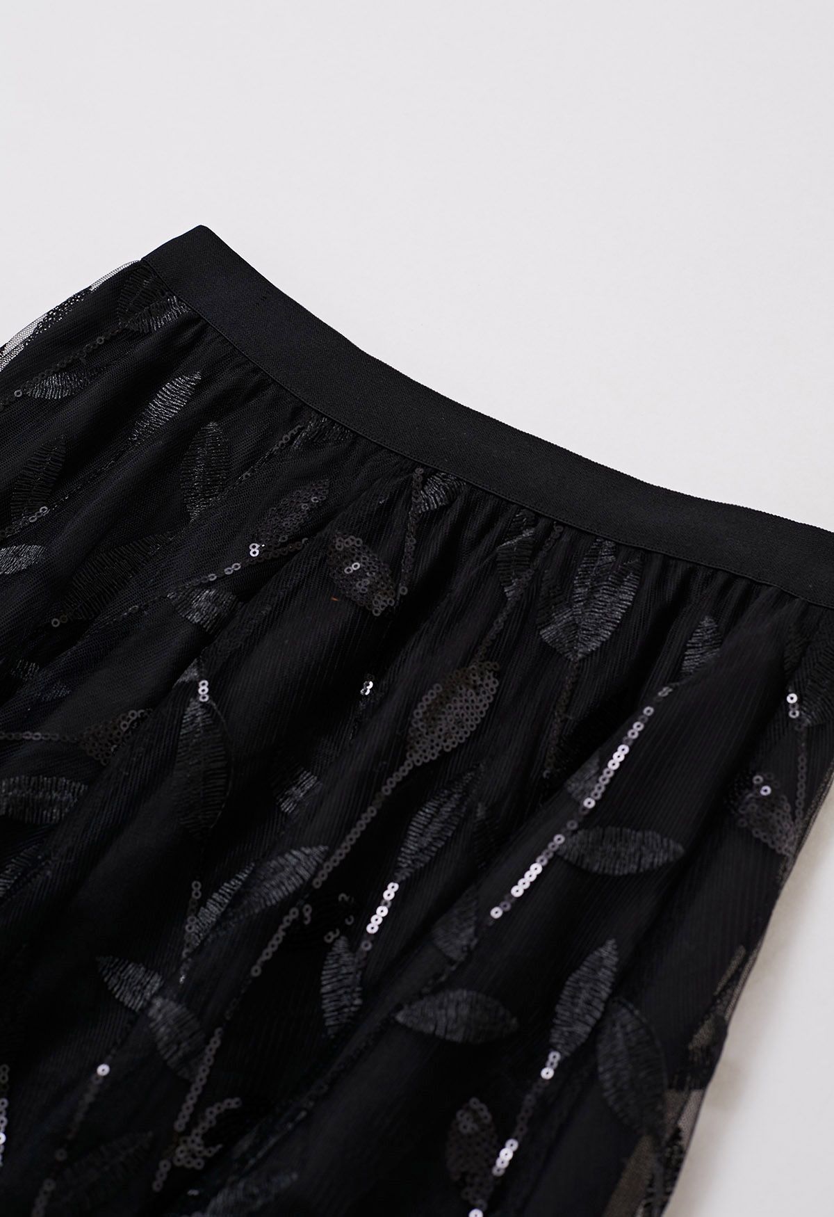 Sequin Embroidered Leaves Mesh Tulle Midi Skirt in Black - Retro, Indie ...