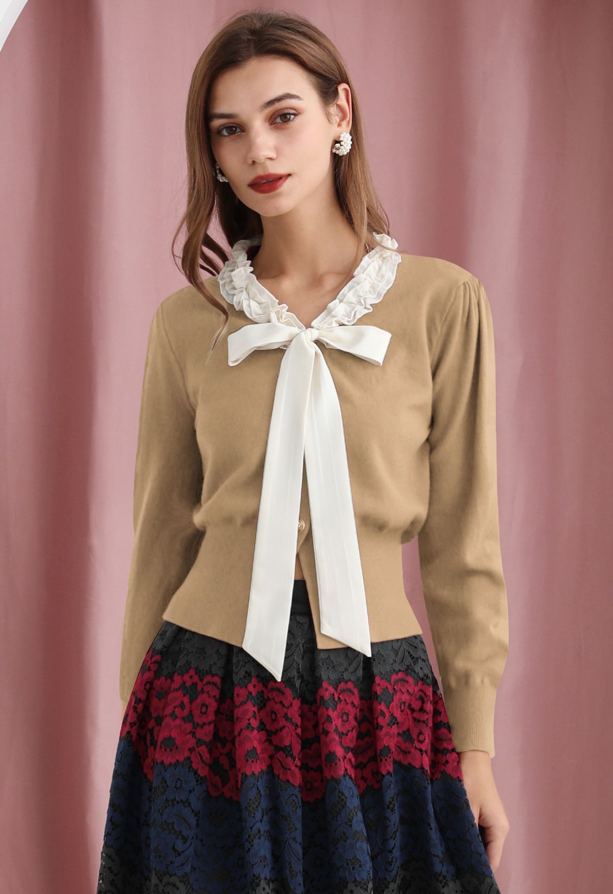 Ruffle Tie-Bow Wool-Blend Buttoned Top in Camel