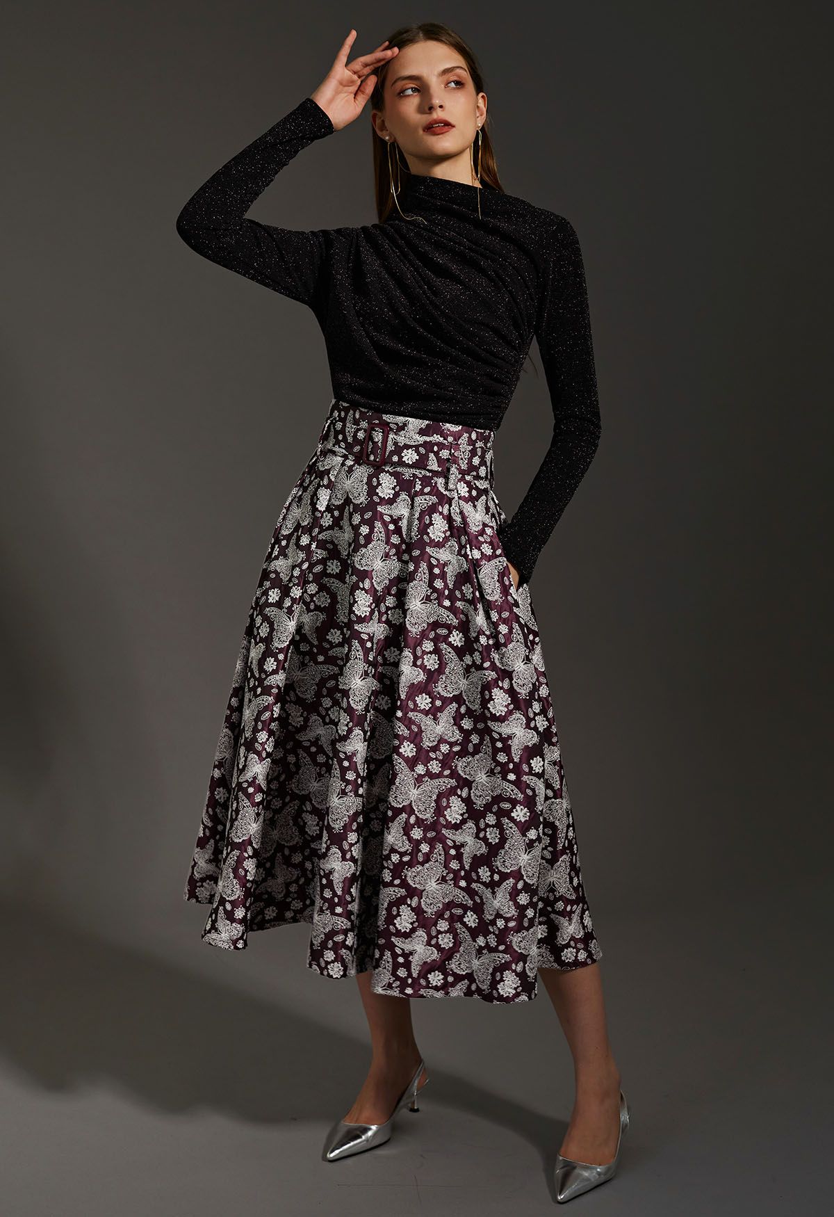 Whimsical Butterfly Belted A-Line Midi Skirt in Burgundy