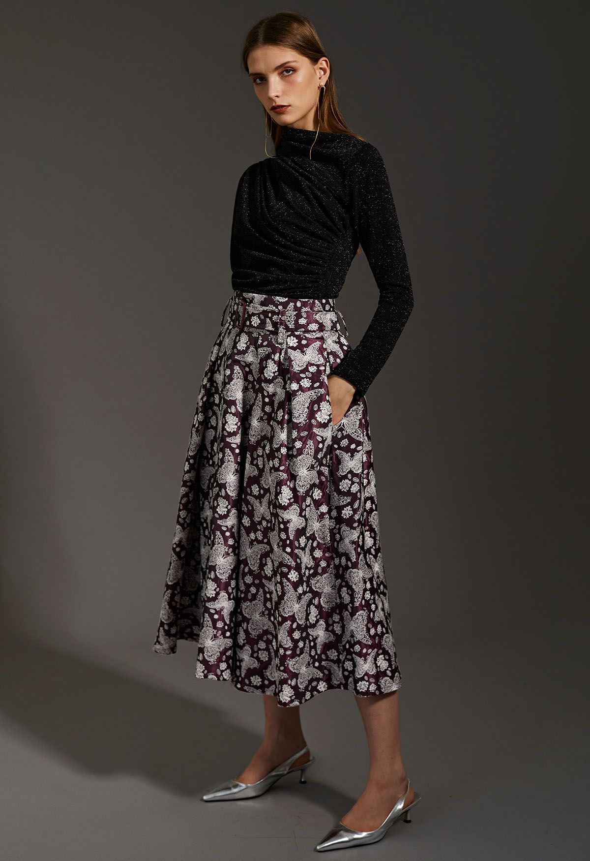 Whimsical Butterfly Belted A-Line Midi Skirt in Burgundy