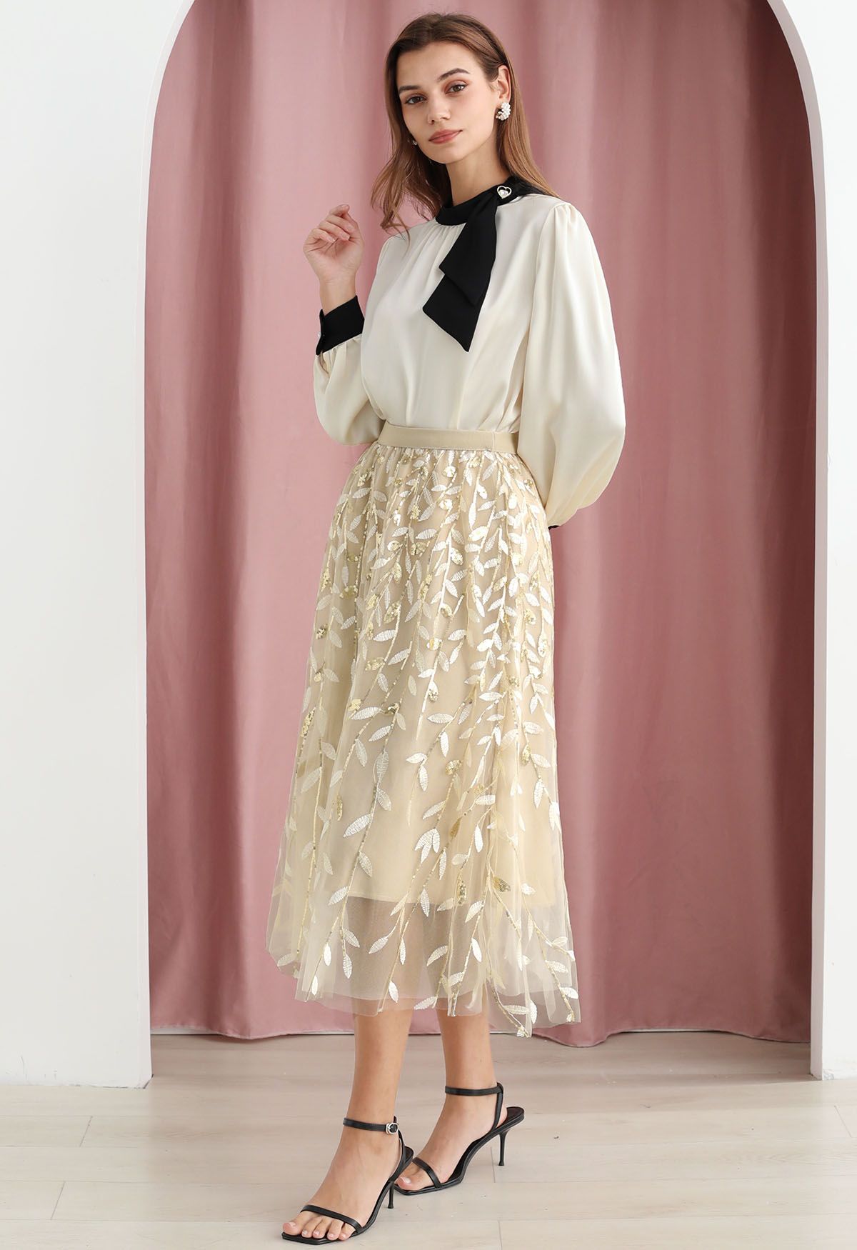 Sequin Embroidered Leaves Mesh Tulle Midi Skirt in Cream