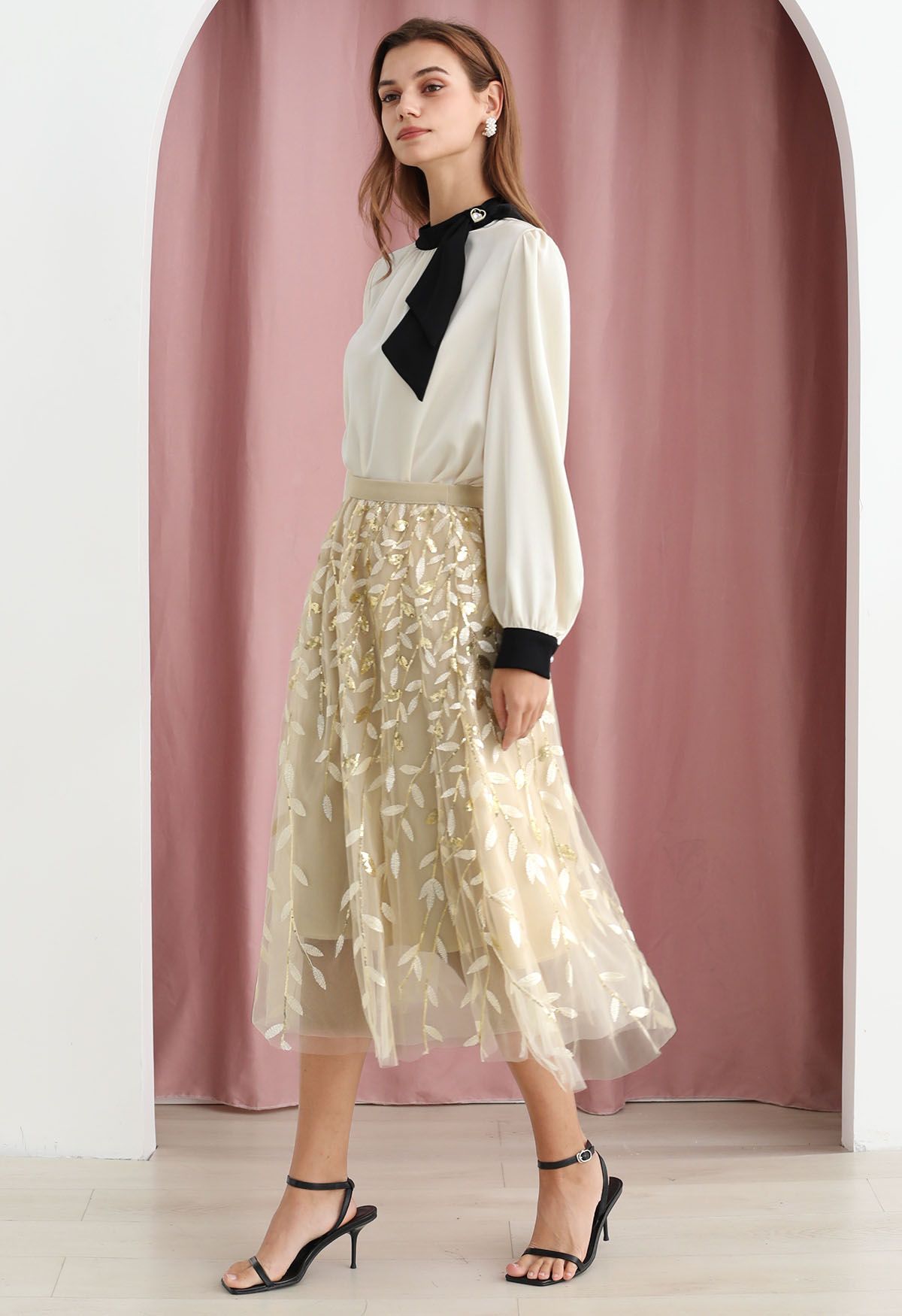 Sequin Embroidered Leaves Mesh Tulle Midi Skirt in Cream