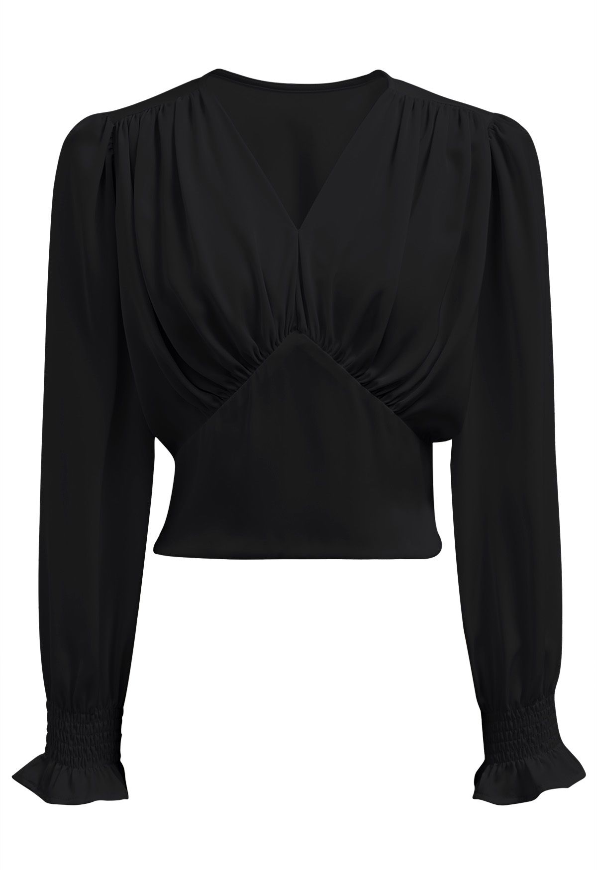 Satin Finish V-Neck Puff Sleeves Crop Top in Black - Retro, Indie and ...